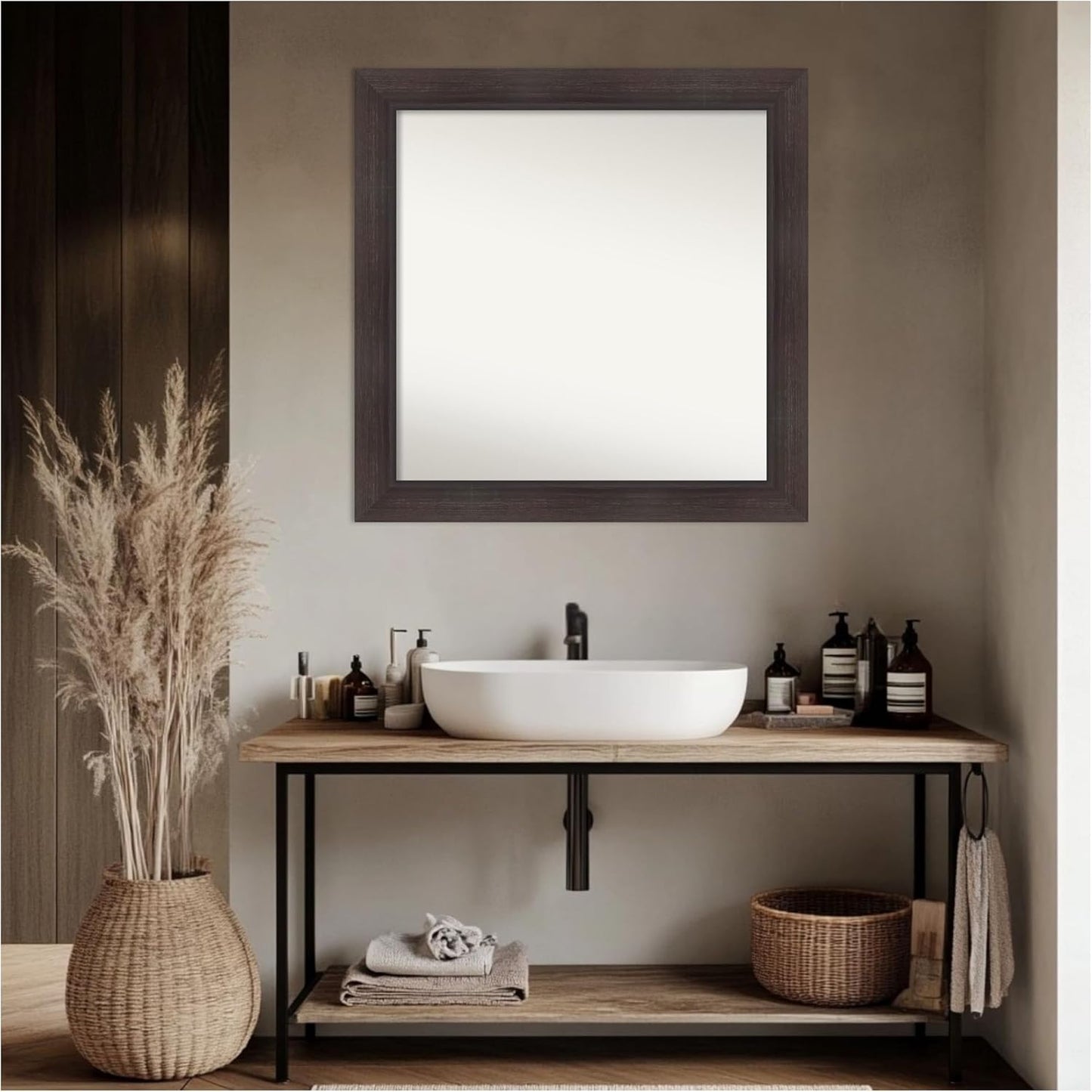 Amanti Art Brown Bathroom Mirror for Over Sink, 32x32 Sloped Espresso Square Vanity Mirror, Large Modern Contemporary Frame, Hangs Horizonally and Vertically, Bathroom Wall Decor, Non-Beveled Edge