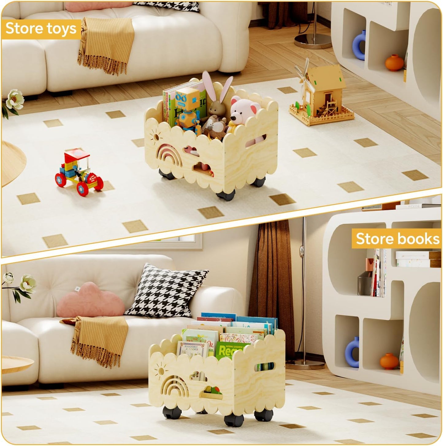 Wood Kids Bookshelf, Montessori Bookshelf, with 2 Adjustable Dividers, 4 Wheels Suitable Kids Rooms, Nursery & Classroom, Book Shelf for Kids Rooms, Toddler Book Rack, Nursery Book Shelves