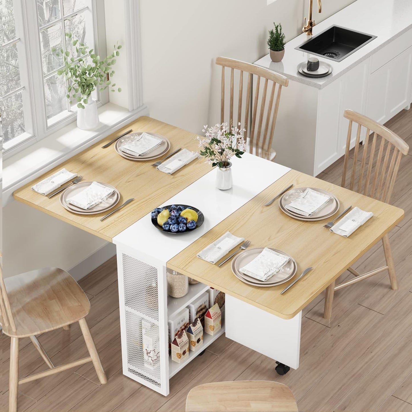 GarveeHome Folding Dining Table, Space Saving Farmhouse Dining Table for 4 Storage Shelf, 6 Wheels Multipose Expandable Kitchen Drop Leaf Table for Small Space (Pear Wood, 50.1"D x 31.4"W x 29.5"H)