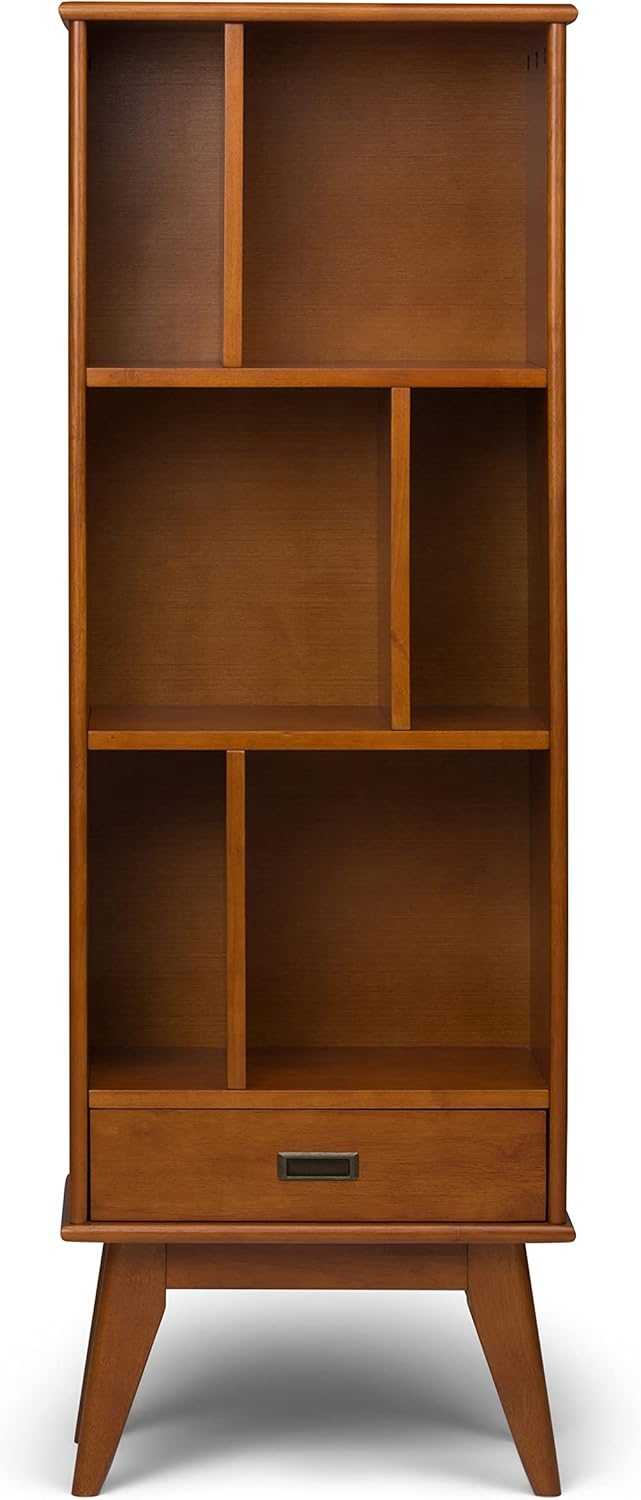 SIMPLIHOME Draper 22 inch Mid-Century Modern 6 Cubbie Bookcase with Drawer (Set of 2) in Teak Brown for The Living Room, Study Room and Office