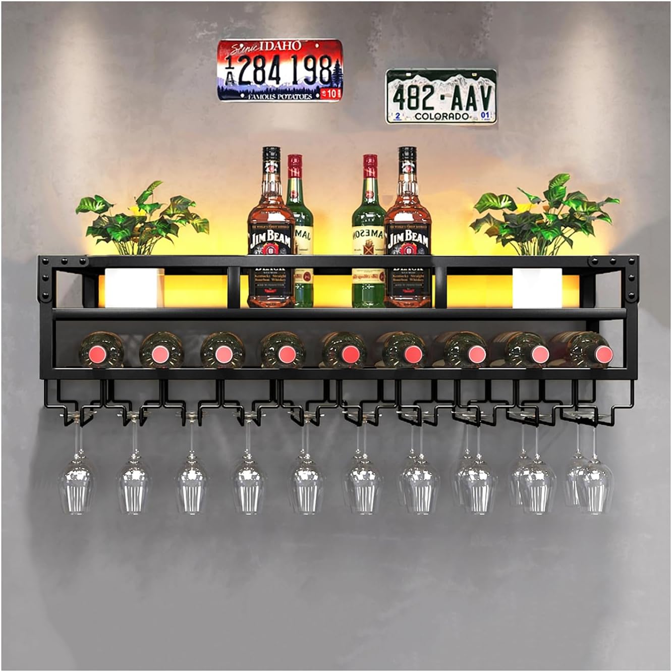 Pengfei LED Wine Rack Wall Mounted, Industrial Metal Wall Wine Shelf & Glass Holder, Large Floating Shelves Wine Bottle Storage Display Rack for Home Bar Dining Room Decor, Black