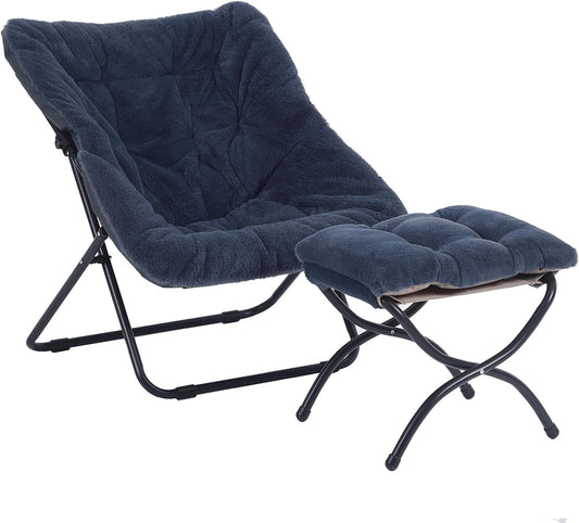 Saucer Chair with Ottoman, Comfy Doorm Chairs, Oversized Folding Faux Fur Chair, Foldable Metal Frame Chair for Bedroom, Living Room(Navy Blue)