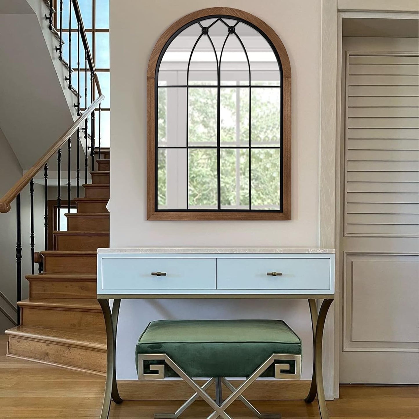 blue page Arched Mirror, Farmhouse Wall Decor, Rustic Wood Framed Accent Mirror Like Window for Bathroom Vanity, Bedroom, Entryway, or Living Room