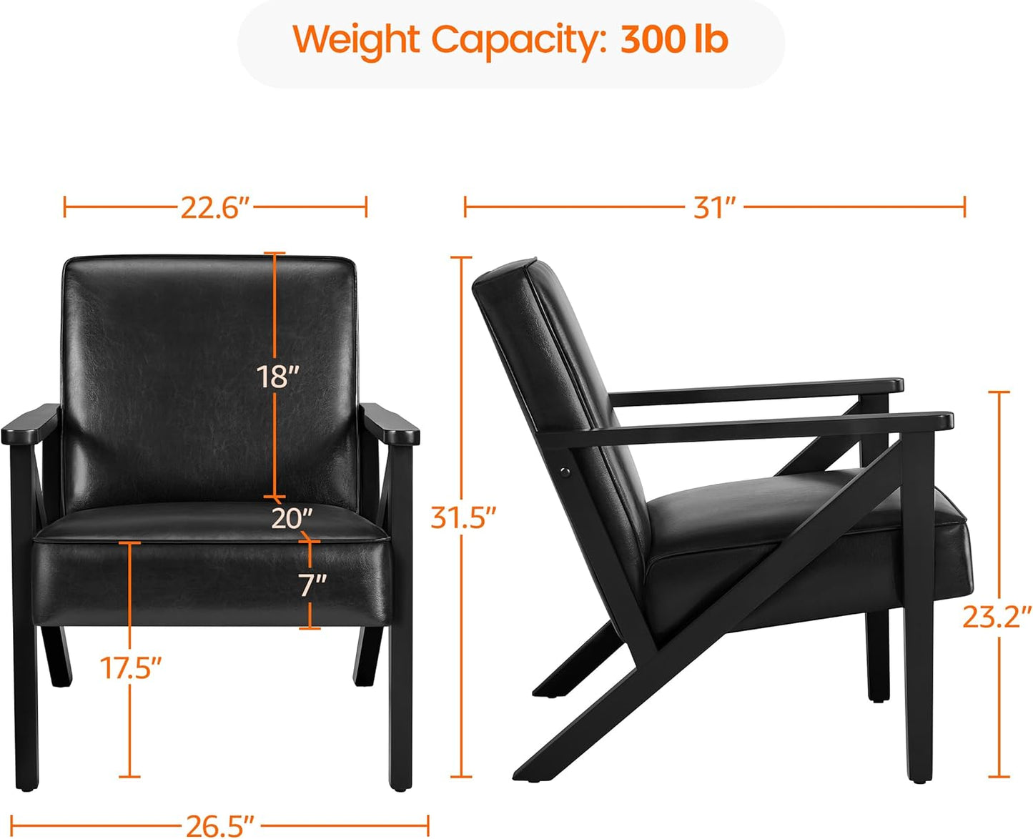 Yaheetech Accent Chair, PU Leather Reading Chair, Mid Century Modern Arm Chair with Solid Wood Frame for Living Room Bedroom Waiting Room, 2 Pieces, Black