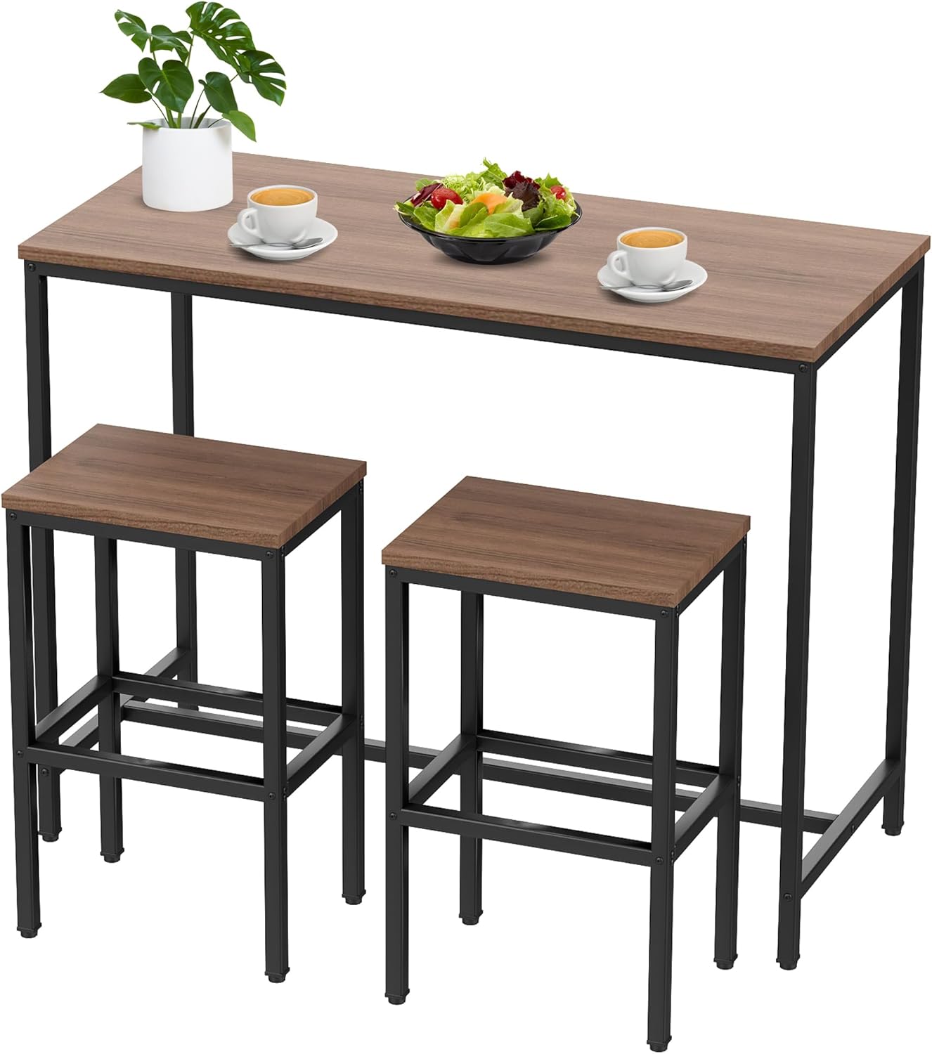 Aklaus Bar Table and Chairs Set 44" Dining Table Set Pub Bar Table with 2 Stools 3-Piece Kitchen Breakfast Table Set for Living Room Dining Room Sturdy Metal FrameBrown