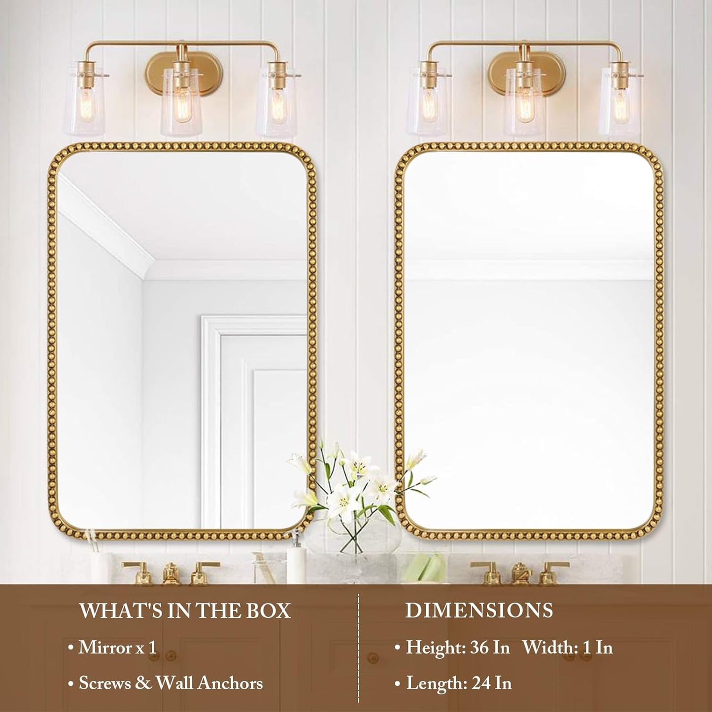 Wall Mirror for Bathroom - 24"x36" Rectangle Rounded Corner Beaded Frame Mirror, Large Vanity Mirror Hangs Horizontal or Vertical, Antique Gold