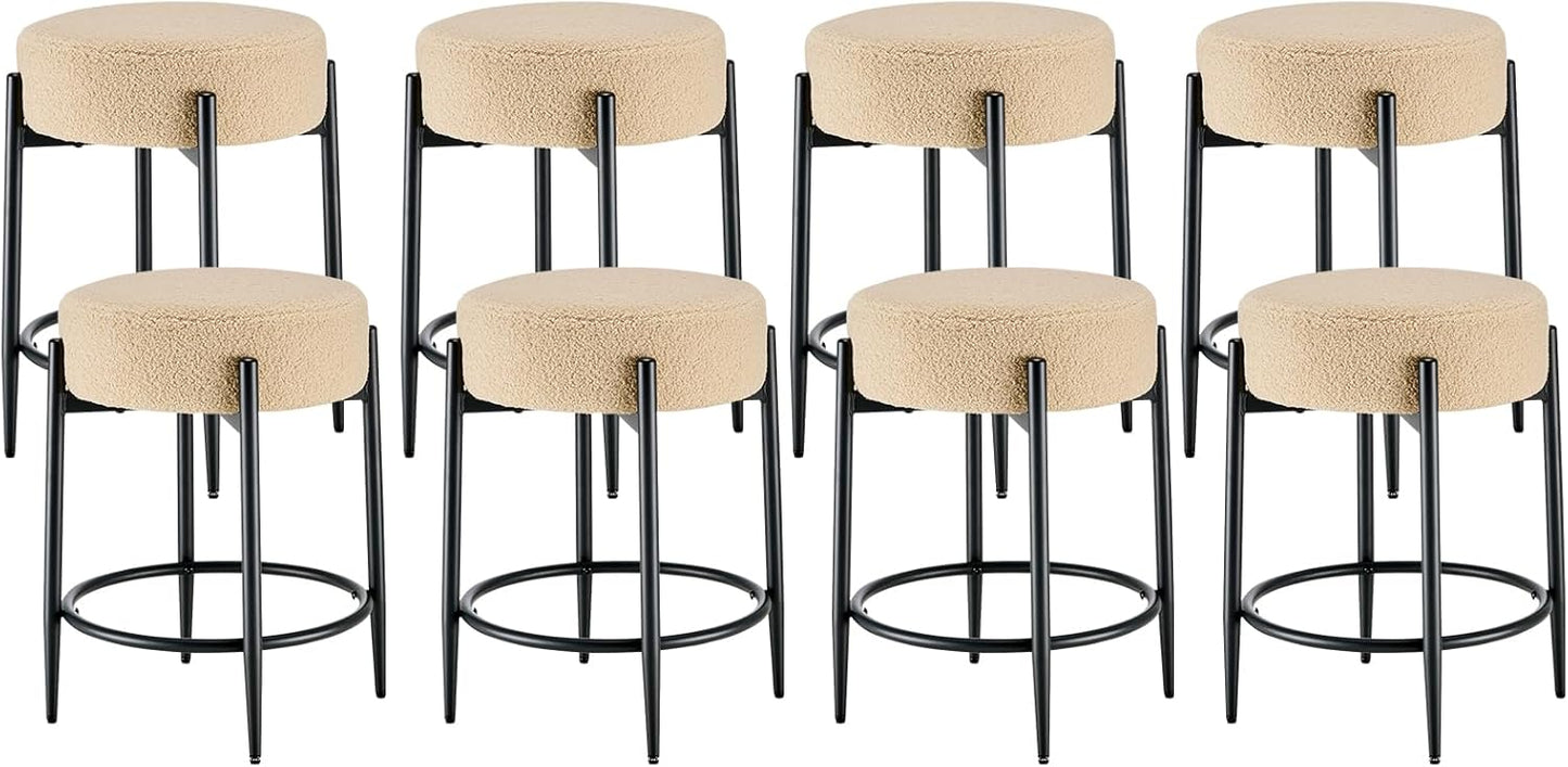 Dining Room Chairs Set of 8, 23.6" Sherpa Backless Beige Boucle Dining Chair, Mid Century Modern Living Room Round Upholstered Chairs with Black Metal Legs