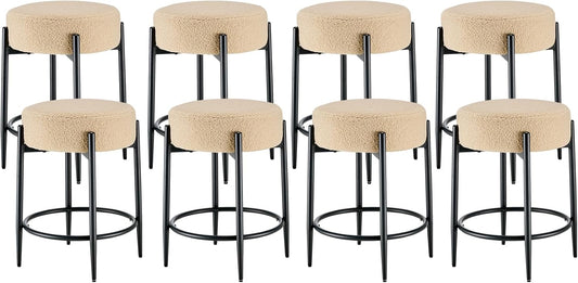 Dining Room Chairs Set of 8, 23.6" Sherpa Backless Beige Boucle Dining Chair, Mid Century Modern Living Room Round Upholstered Chairs with Black Metal Legs