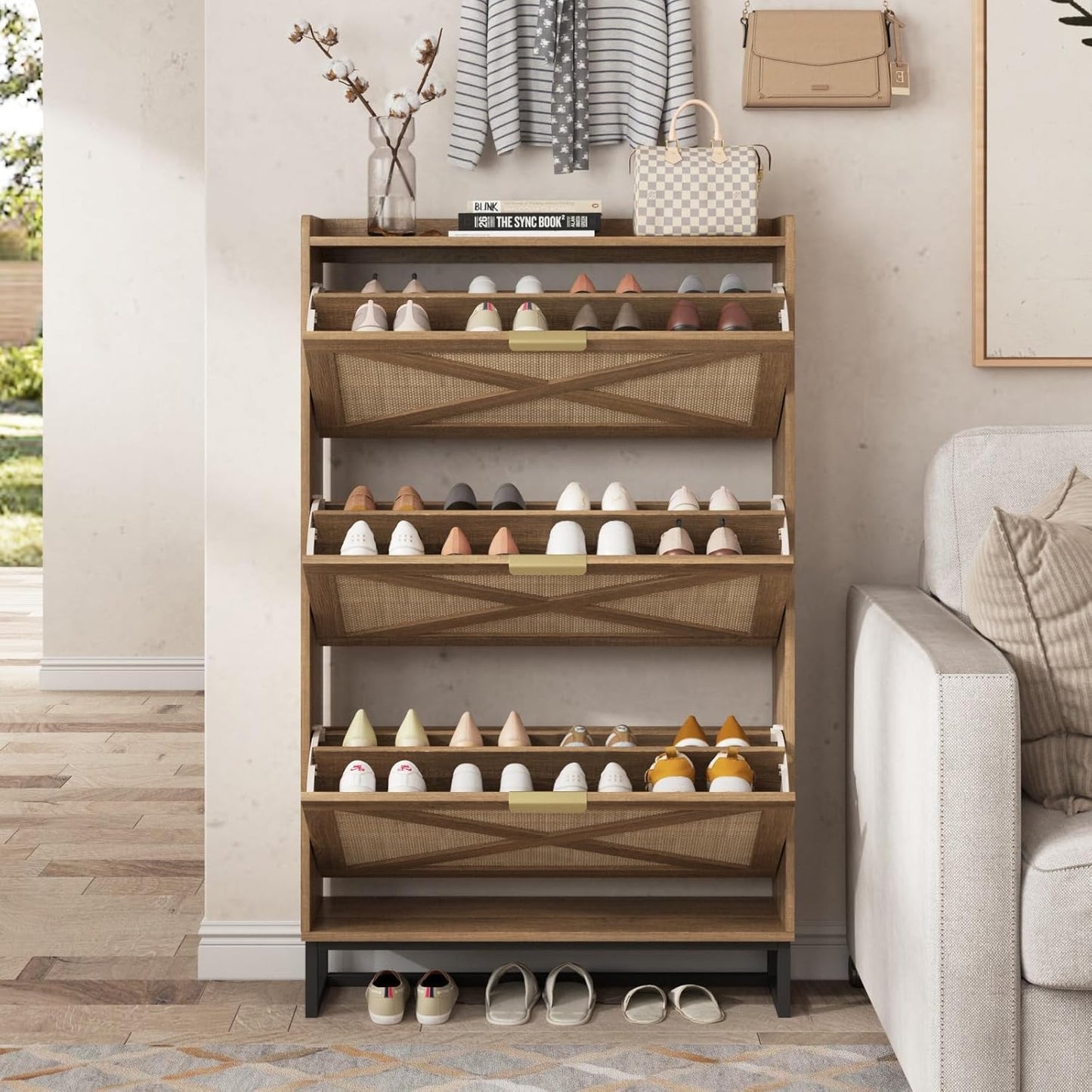 Maupvit Shoe Storage Cabinet with 3 Rattan Flip Drawers, Freestanding Organizer with Metal Legs for Entryway, Narrow Shoe Rack Cabinet, Hidden Golden Handles, Rustic Oak Rattan