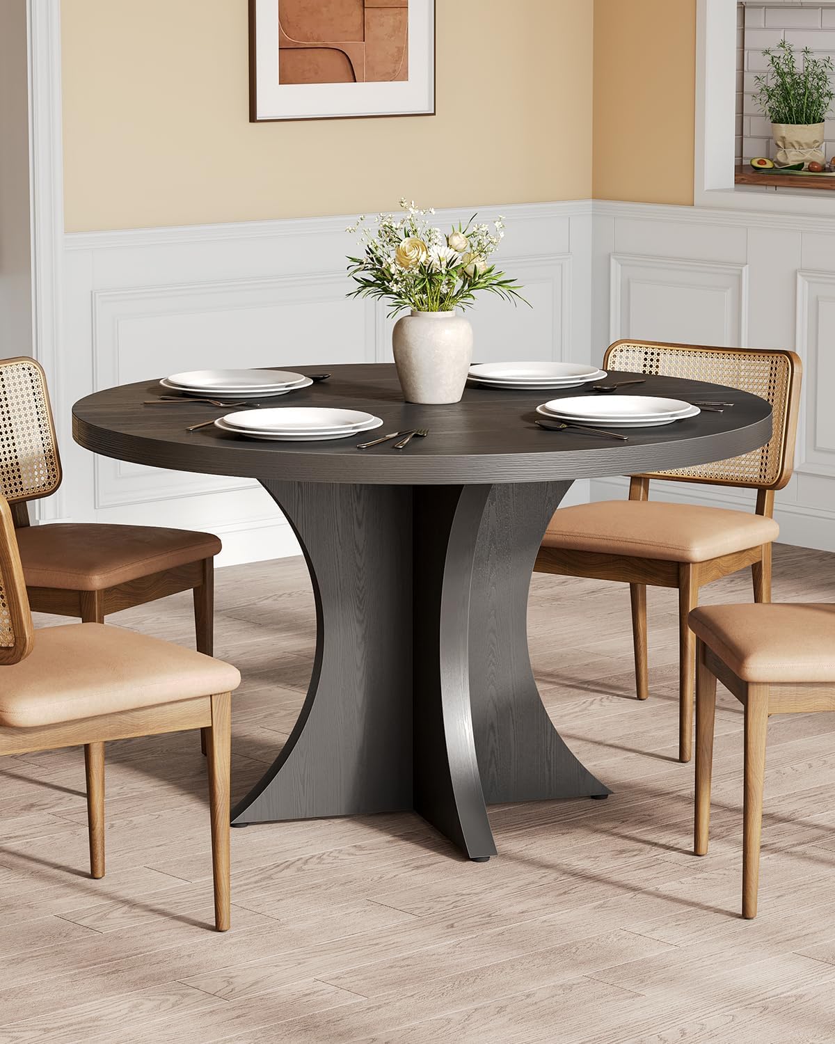 LITTLE TREE Round Dining Table for 4-6, 47.24 Inches Farmhouse Wooden Kitchen Table with Spacious Tabletop for Dining Room, Black