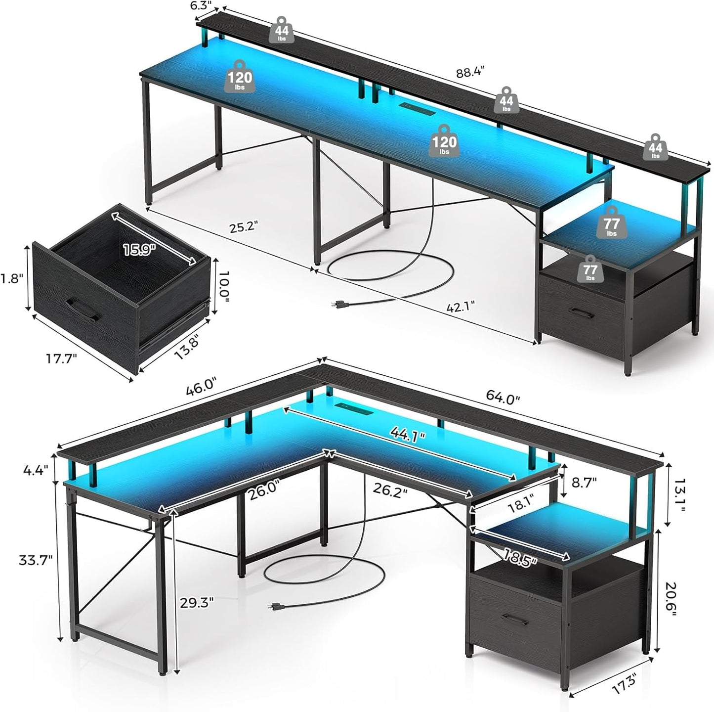 Rolanstar L Shaped Gaming Desk with Drawers, 64" Reversible Computer Desk with Power Outlet & LED Strip, Corner Desk with File Cabinet & Monitor Stand, Home Office Desk, Black