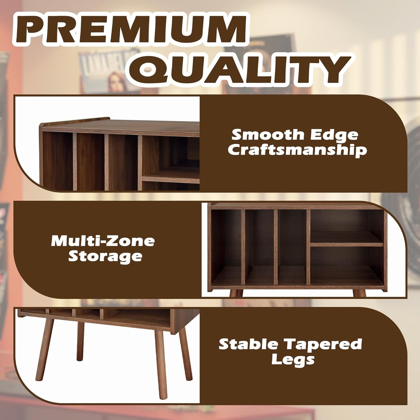 Record Player Stand with Vinyl Storage, Wooden Record Player Table with 5 Cabinet, Large Vinyl Record Player Stand, Record Player Holder, Record Player Shelf for Office Living Room, Walnut