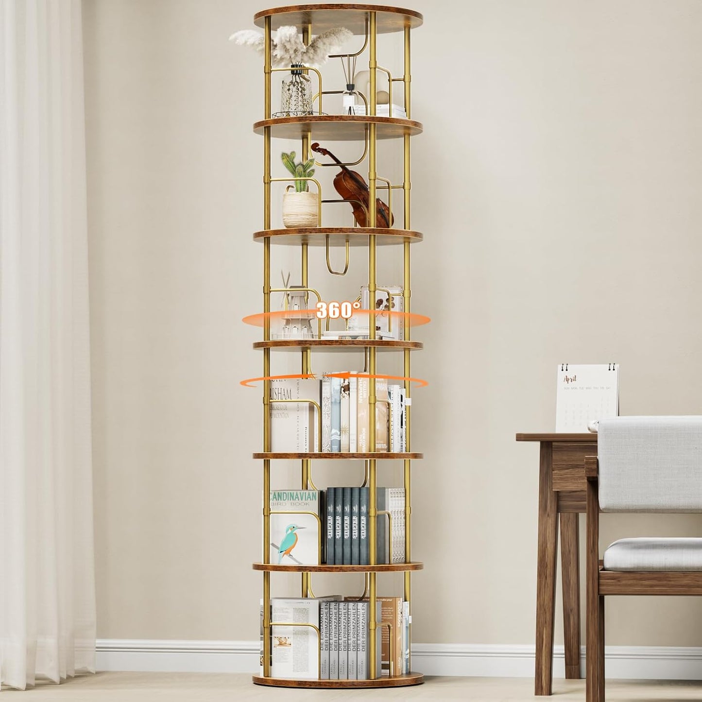 6 Tier Rotating Bookshelf, 360 ° Display Stackable Spinning Bookshelf Tower, Corner Bookshelf Tall Floor Standing Swivel Bookcase Narrow Storage Organizer for Bedroom, Living Room, Gold