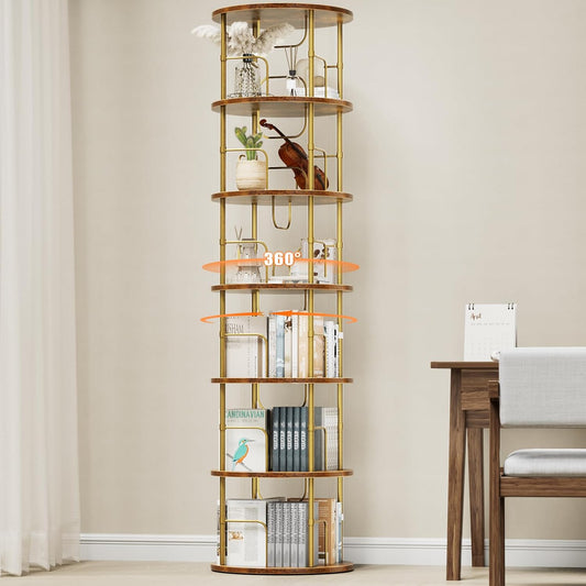 6 Tier Rotating Bookshelf, 360 ° Display Stackable Spinning Bookshelf Tower, Corner Bookshelf Tall Floor Standing Swivel Bookcase Narrow Storage Organizer for Bedroom, Living Room, Gold