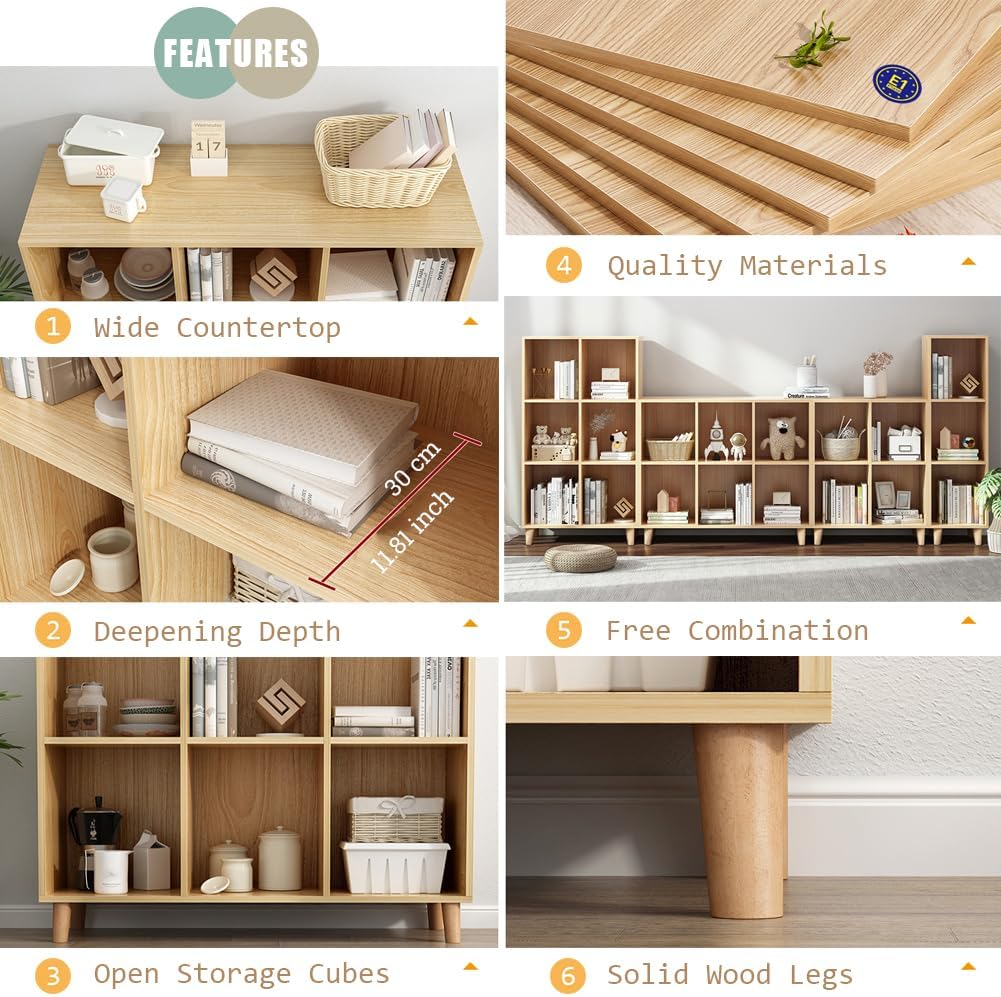 IOTXY Open Cube Low Bookcase - 3-Tier Freestanding Storage Display Cabinet Organizer with Legs for Home Office, 9-Cubes Open Shelf Short Bookshelf, Oak