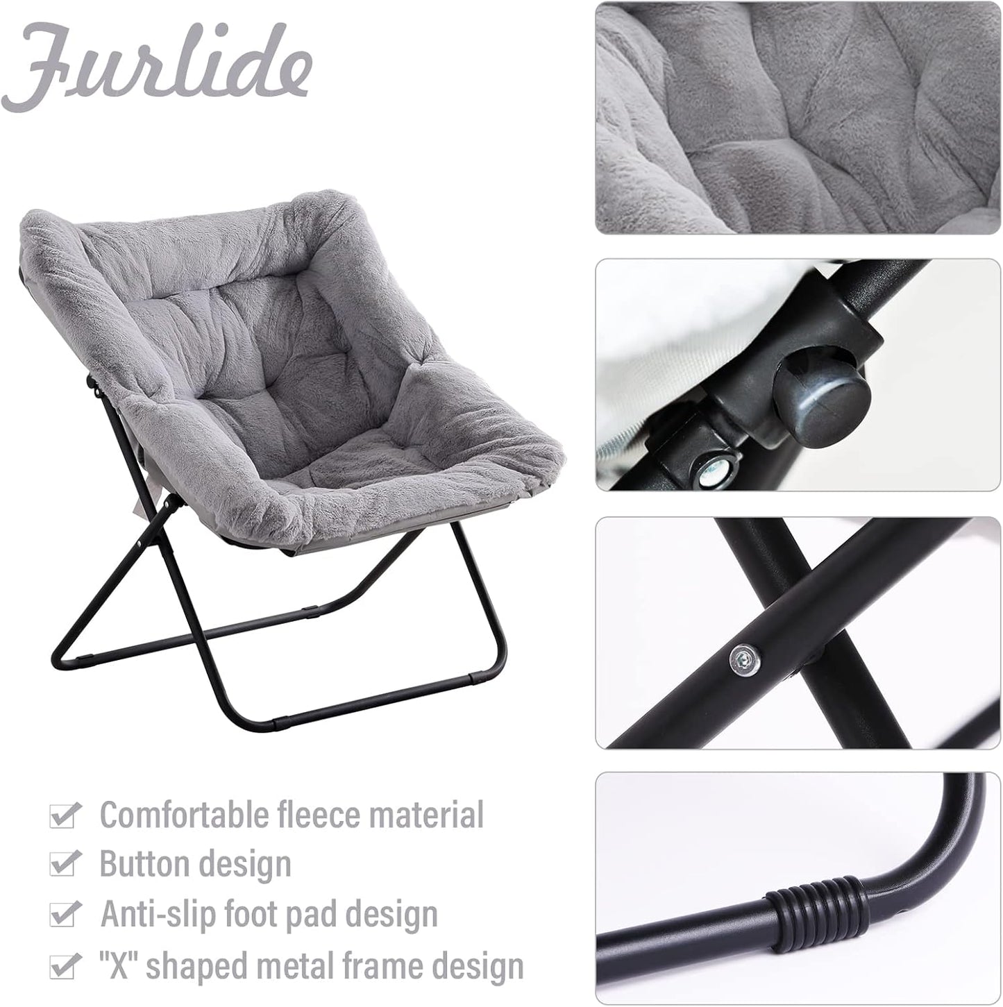 Comfy Dorm Chair - Oversized Folding Saucer Chair with Soft Faux Fur, Metal Frame, for Bedroom, Living Room, Balcony, Patio, Study, Playroom (Grey)