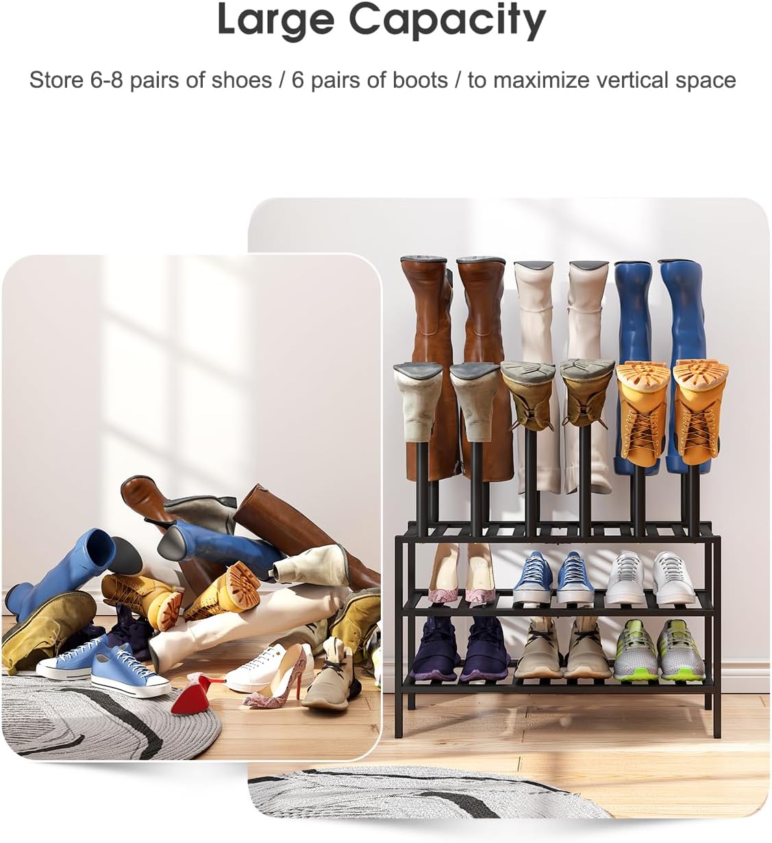 Black Boot Rack, Boot Rack Organizer Tall Boots with Shoe Rack for Closet, Bamboo Wood Shoe Shelf Storage Organizer for Entryway Small Space