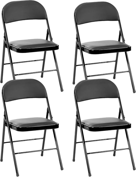 HealSmart Folding Chairs 4 Pcs with Leather Padded Cushion Seats, Back & Sturdy Metal Frame, Stackable, Portable, Commercial Event Seat, Indoor Outdoor for Parties, Home Event, Office, Black