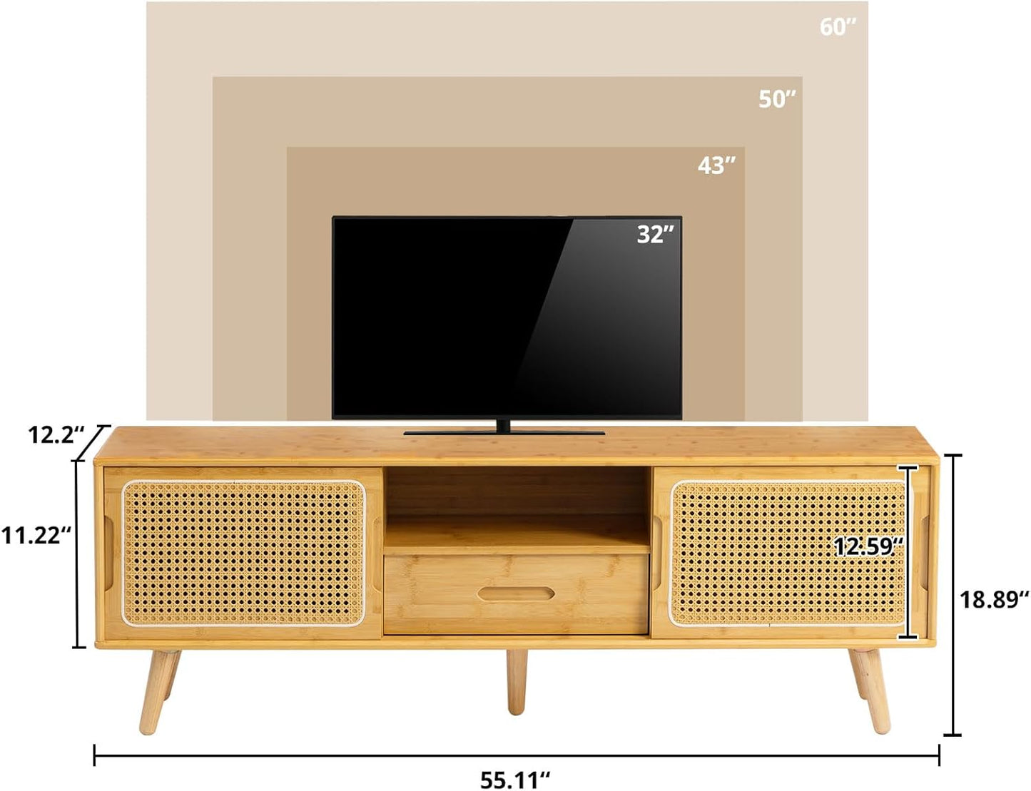 HollyHOME Bamboo TV Stand with Storage for TVs up to 65", Modern Entertainment Center with Rattan and Drawer, Accent TV Table with 2 Shelf, Media Console Cabinet for Living Room, Bedroom, Burlywood