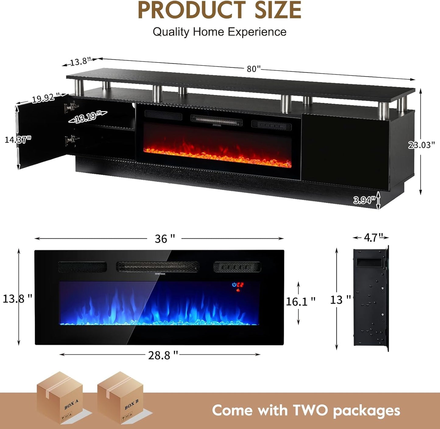 80" TV Stand for Living Room, Large Entertainment Center & Media Console, Fits TVs up to 90", Storage Cabinet with Shelves, 36" Electric Fireplace (All Black)