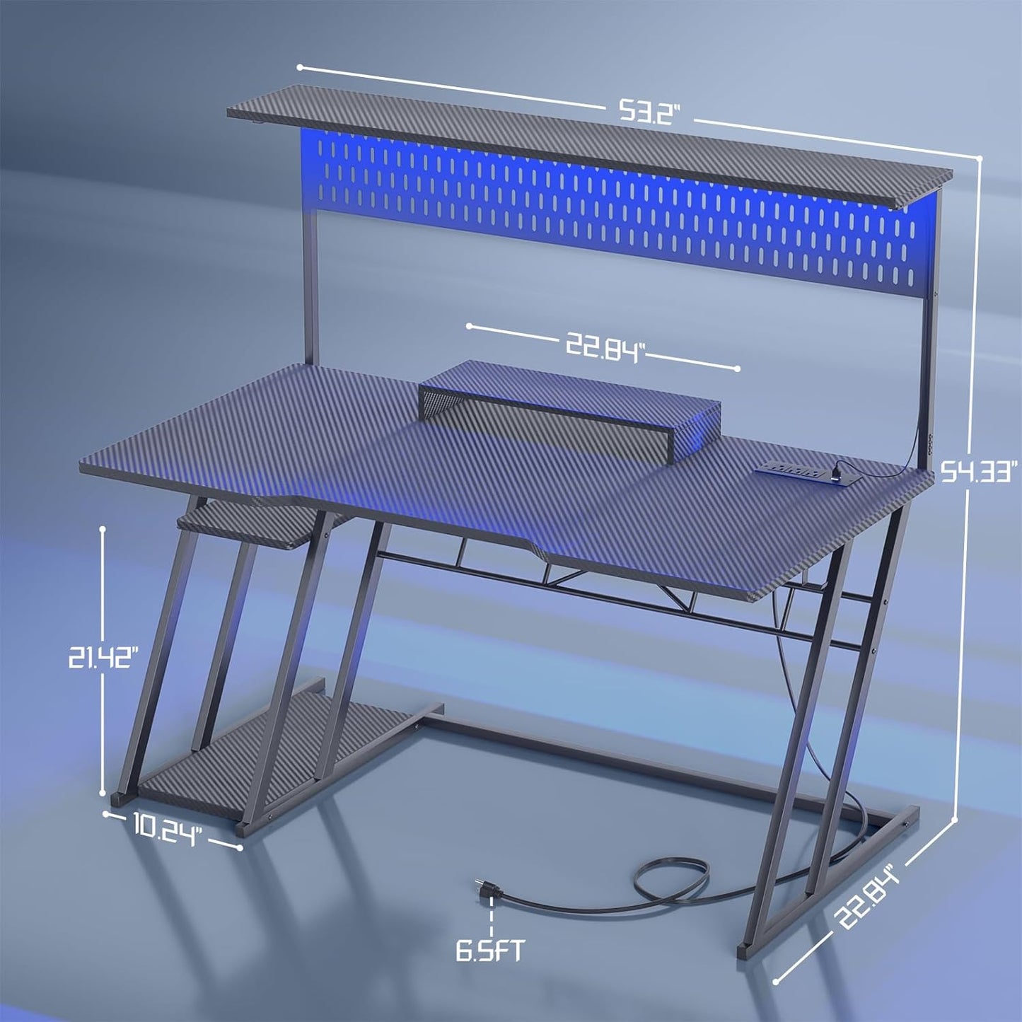 Armocity Gaming Computer Desk with Hutch and LED Lights, 53'' Black Gaming Desk with Storage Shelves, Reversible PC Gamer Desks with Pegboard, Ergonomic Desk for Bedroom, Carbon Fiber Surface