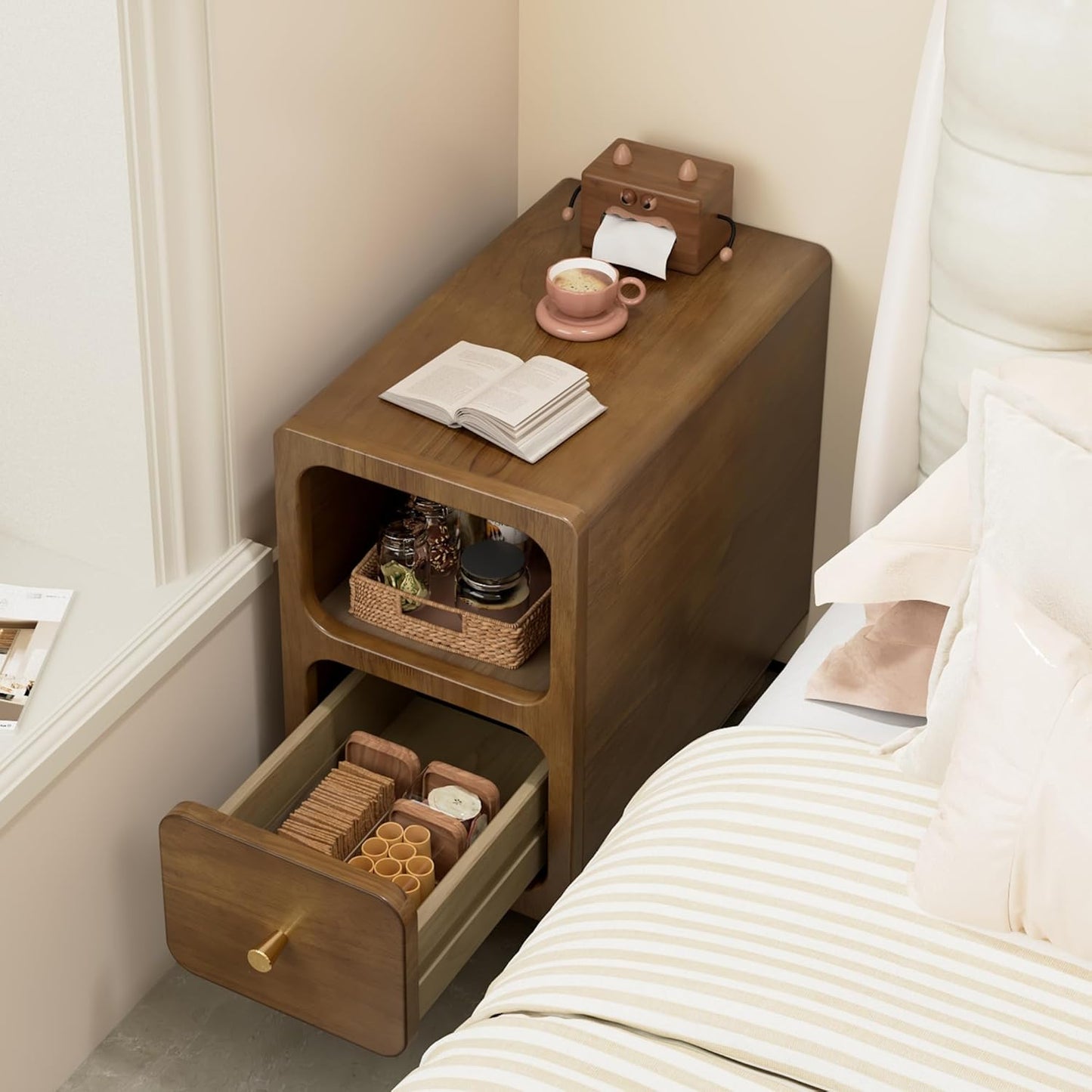 Solid Wood Nightstand, Narrow Night Stand with Drawers, Walnut Mid Century Modern Nightstand, Small Beside Table with Open Storage Shelf for Bedroom (10 inch)