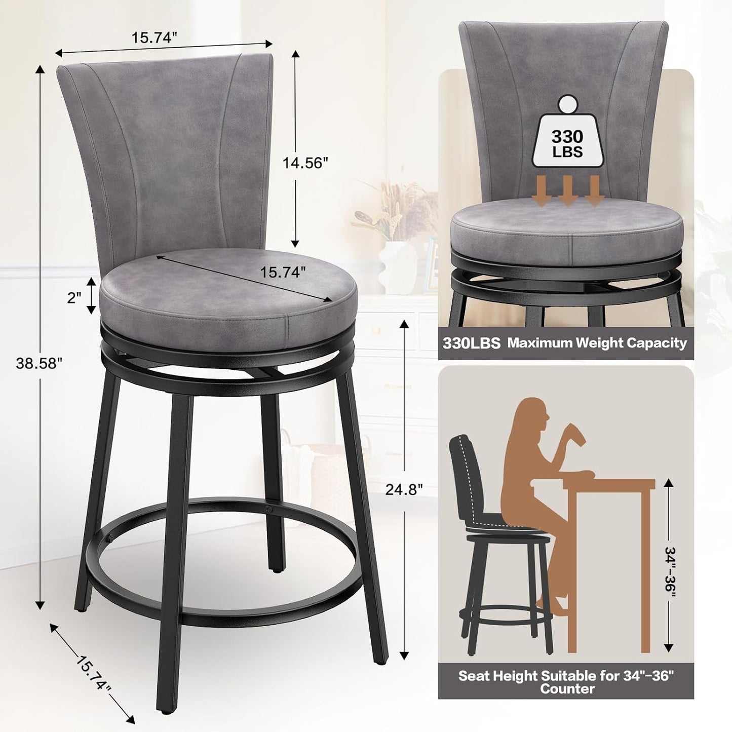 Bar Stools Set of 2, Counter Height Swivel Bar Chair with High Backrest, 24" Round Seat Barstools for Kitchen Island, Pub, Metal Base, Upholstered PU Leather Dining Chairs Grey