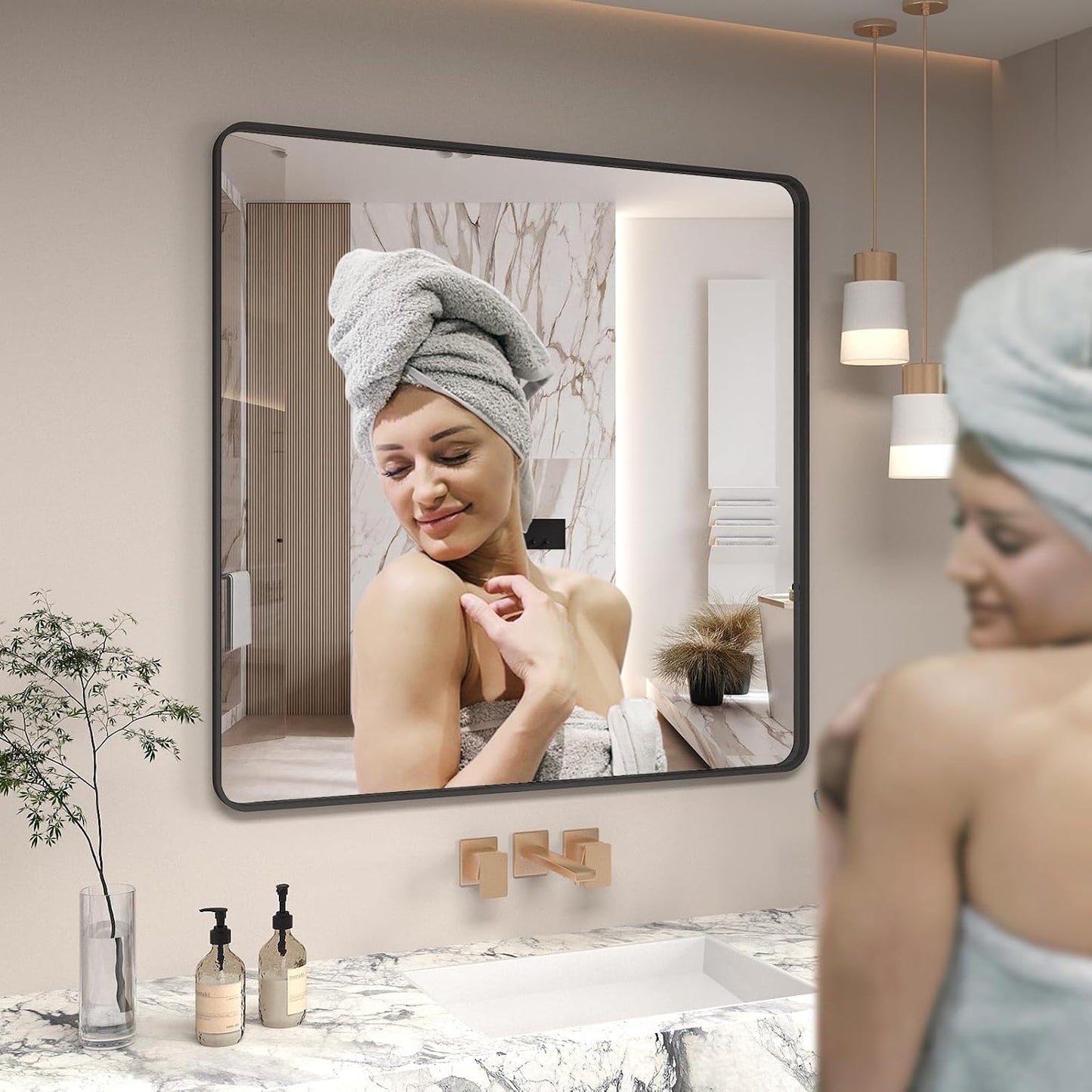 36x36 Square Black Bathroom Mirror, Matte Framed Bathroom Vanity Mirror for Wall, Modern Rectangle Mirror, Rounded Corners, Tempered Glass