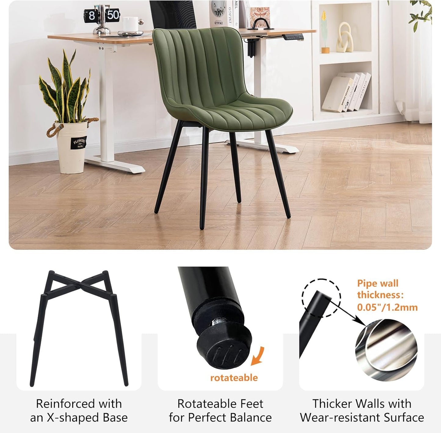 YOUNUOKE Green Dining Chairs Set of 2 Mid-Century Modern Kitchen Dining Room Chairs Armless Faux Leather Upholstered Accent Side Dinner Chair with Padded Back Metal Legs, Olive