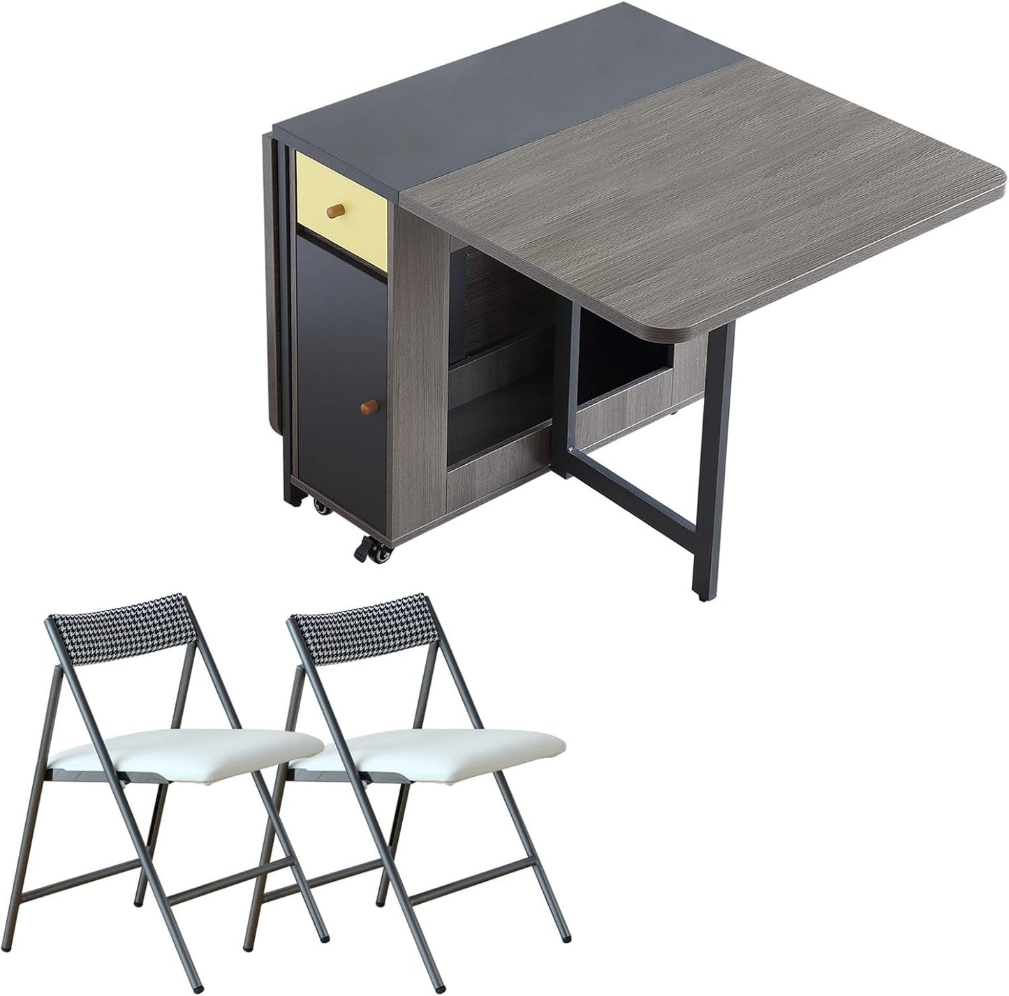 Folding Dining Table Set for 4, Foldable Kitchen Dinner Table and 2 Chairs Set, Extendable Space Saving Drop Leaf Table with Wheels and Storage