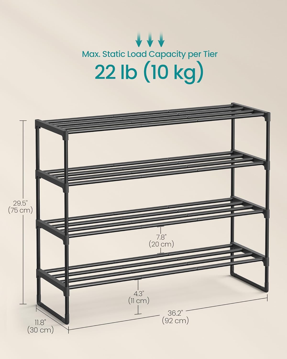 SONGMICS Shoe Rack, 4-Tier Shoe Organizer, Metal Storage Shelf, Upright or Upside Down, for 20-25 Pairs, Stackable, for Entryway, 11.8 x 36.2 x 29.5 Inches, Black ULSA14BK