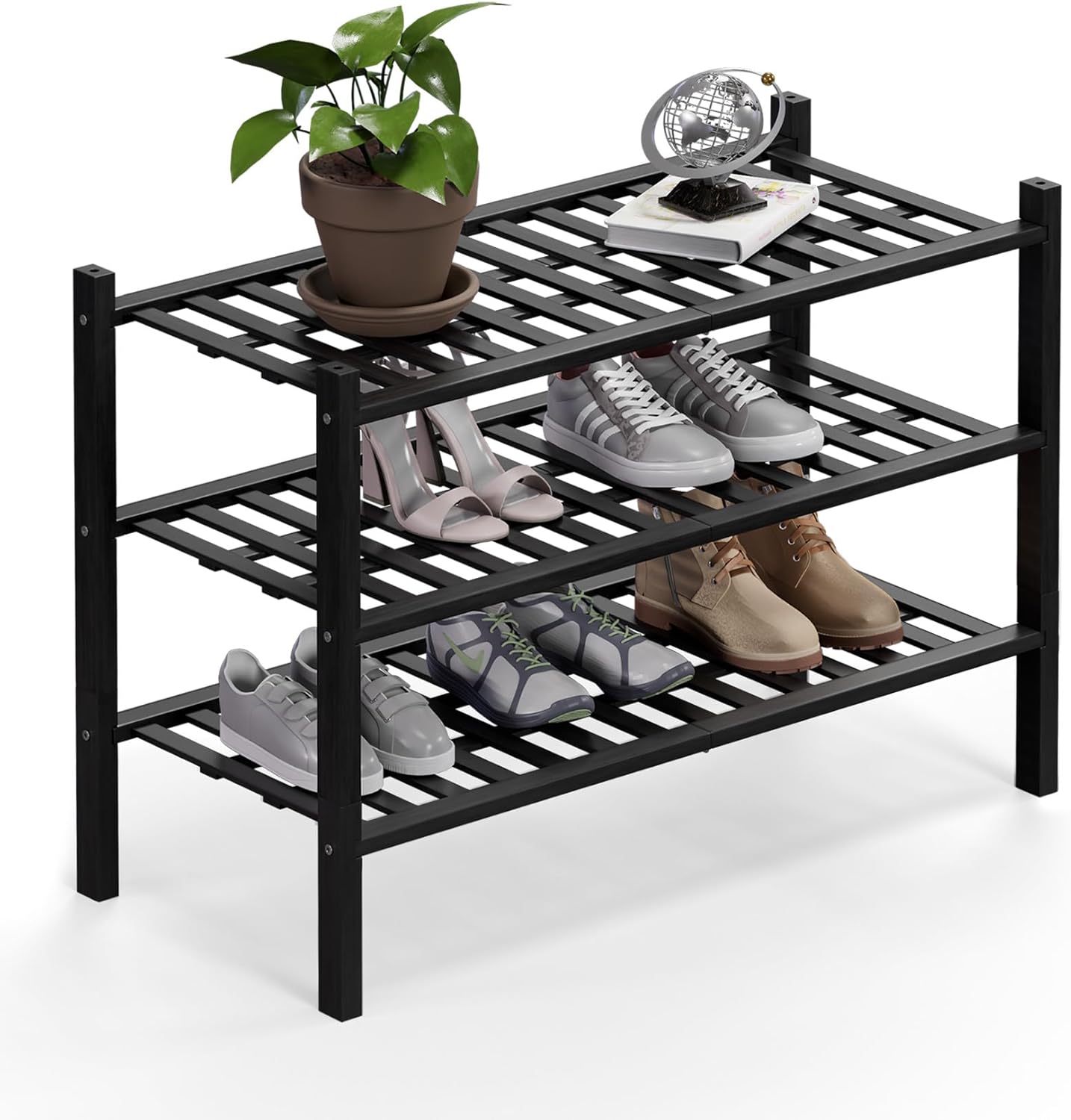 Haddockway 3 Tier Bamboo Shoe Rack Storage Organizer, Multifunctional Free Standing Stackable Shoe Shelf with Grid Panel for Closet,Hallway,Entryway,Small Space 27"x11"x20" (Black, 3 Tier)
