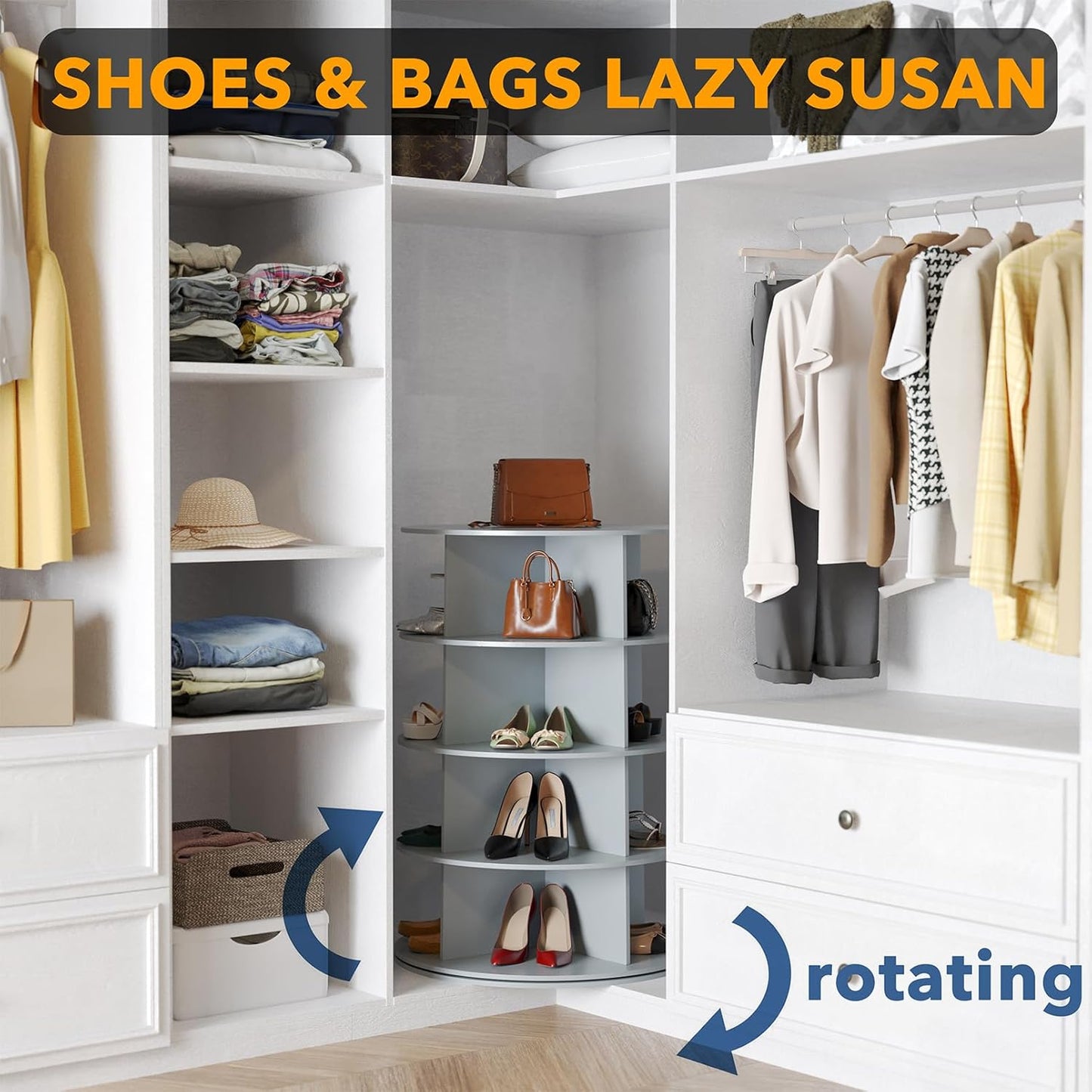 SpaceAid 4 Tier Rotating Shoe Rack Tower, Spinning Shoe Display Lazy Susan, Revolving 360 Shoe Rack Storage Round Carousel, Vertical Handbag Rotate Shoes Closet Organization (4-Tier Gray)