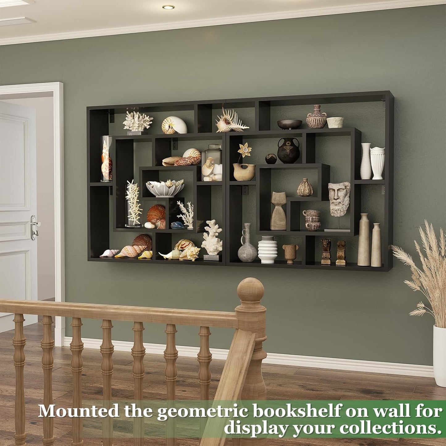 Armocity 5 Tier Display Book Shelf Wall Mounted Bookshelf Freestanding Geometric Bookcase Floating Book Shelves for Wall Bedroom Living Room Home Office, 45.5"(W) * 47"(H), Black