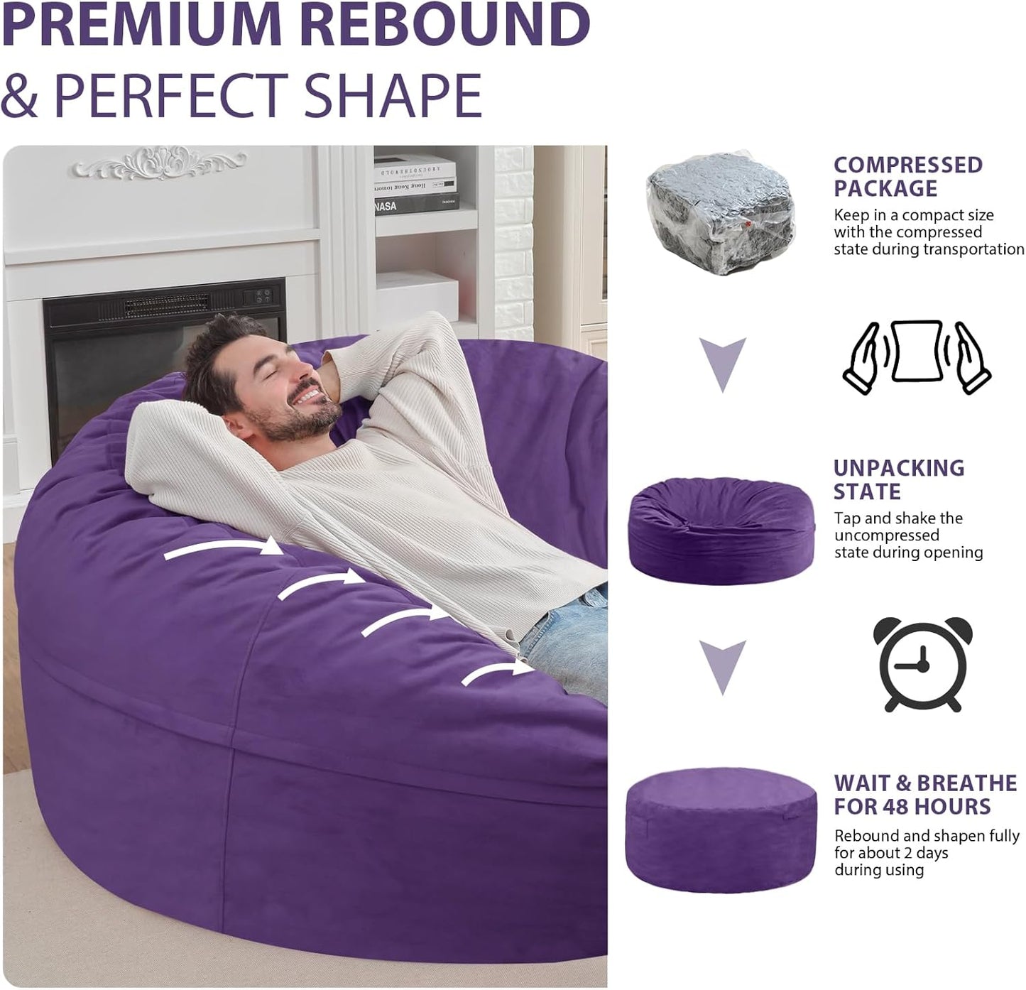 6FT Bean Bag Chair, Large Bean Bag Chairs with Memory Foam Filled, Fluffy Beanbag Sofa with Dutch Velvet Cover, Round BeanBag Chairs for Living Room, Playroom - Purple