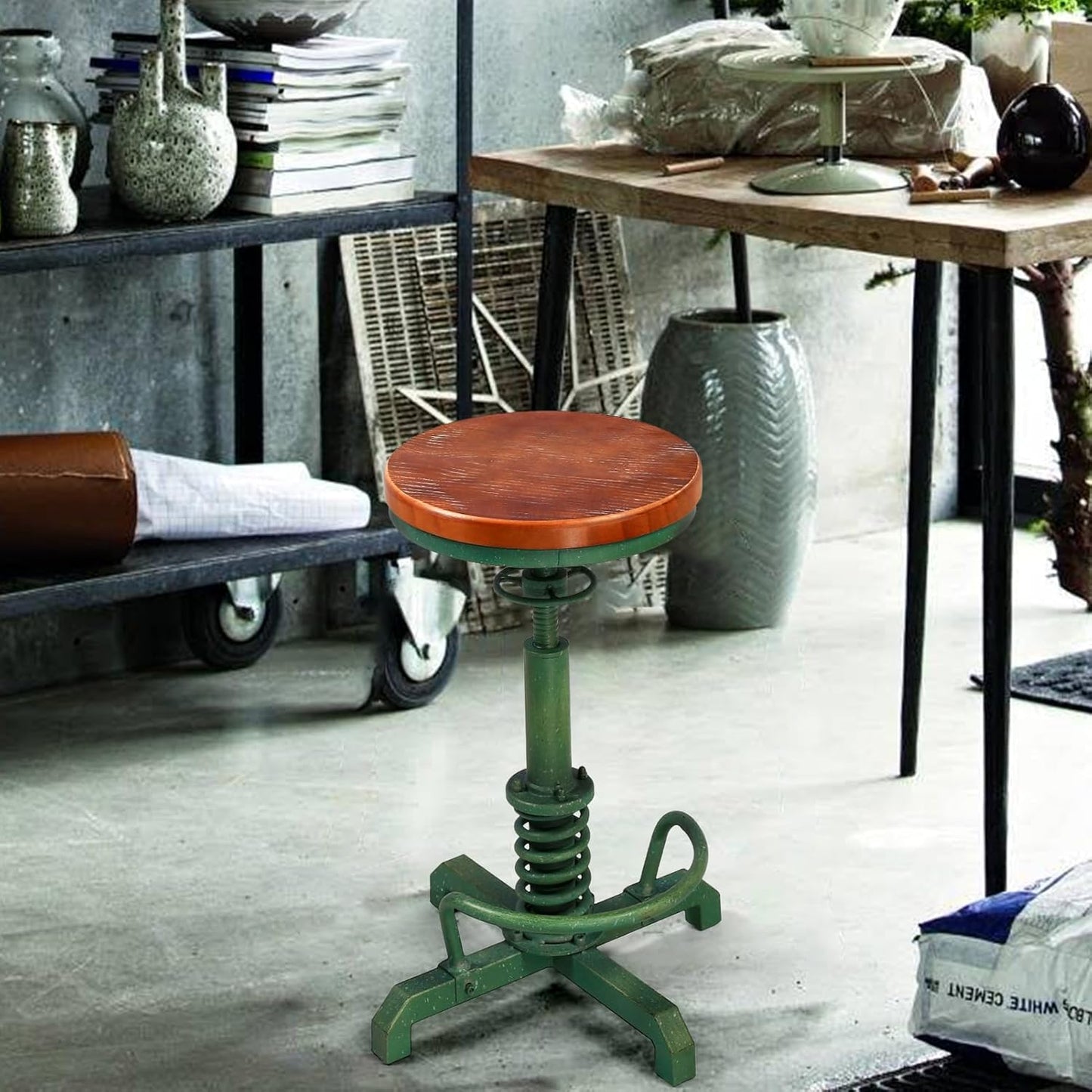 LOKKHAN American Antique Steampunk Bar Stool 24.41"-28.35" Vintage Industrial Adjustable Swivel Backless Counter Stool for Dining, Breakfast, Pub, (Heavy Duty Metal & Wood, Aged Green, Brown Top)