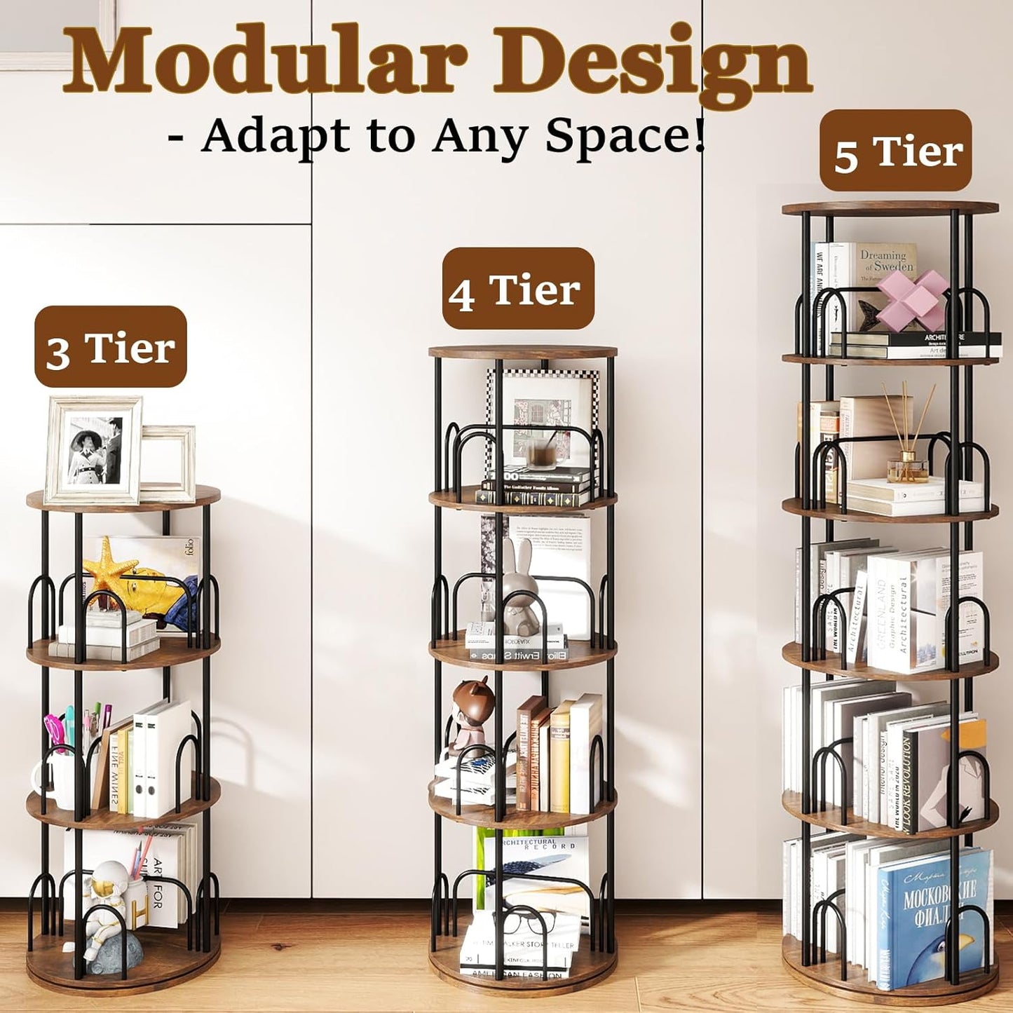 5-Tier Rotating Bookshelf, 360° Round Spinning Book Shelf Tower, Tall Skinny Wood & Metal Bookshelf for Corner/Office/Home, Modern Industrial Vintage Style