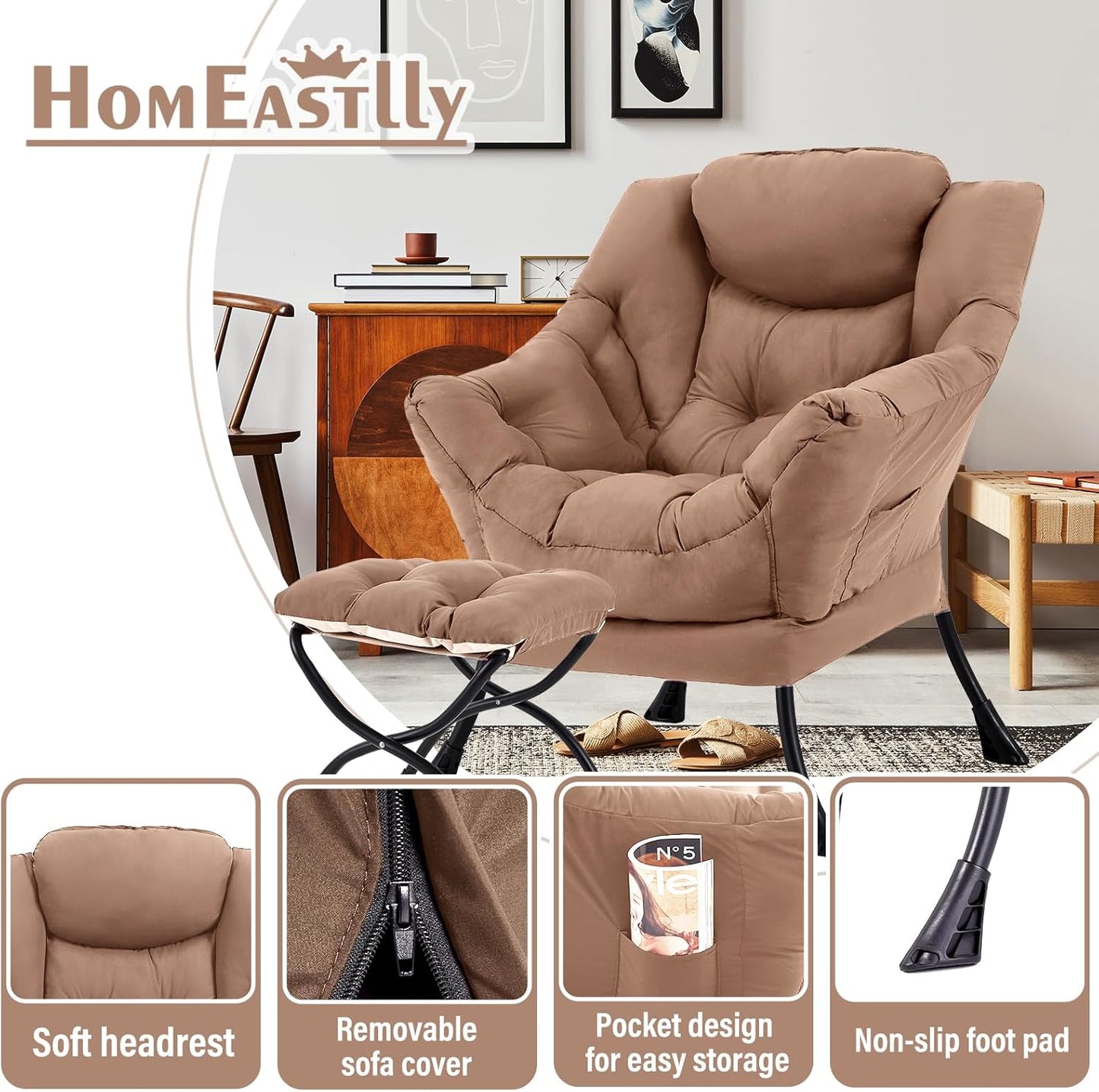 Large Lazy Chair with Ottoman, Accent Reading Chair with a Footrest, Cozy Lounge Armchair, Leisure Sofa Armchair for Living Room, Bedroom, Dorm Room, Office