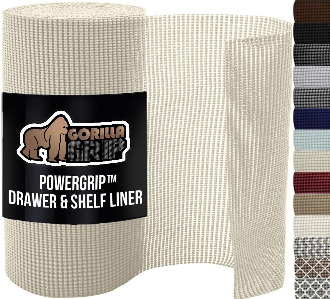 GORILLA GRIP powerGRIP Drawer Shelf and Cabinet Liner, Thick Strong Hold, Non-Adhesive Liners Protect Kitchen Cabinets and Cupboard, Bathroom Drawers, Easy Install, Breathable Mat, 20" x30', Cream
