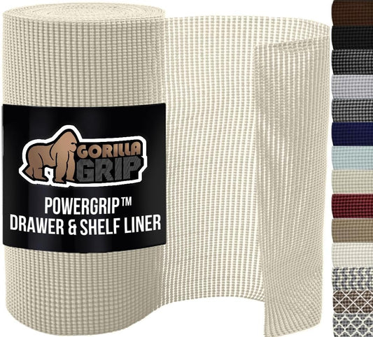 GORILLA GRIP powerGRIP Drawer Shelf and Cabinet Liner, Thick Strong Hold, Non-Adhesive Liners Protect Kitchen Cabinets and Cupboard, Bathroom Drawers, Easy Install, Breathable Mat, 20" x10', Cream