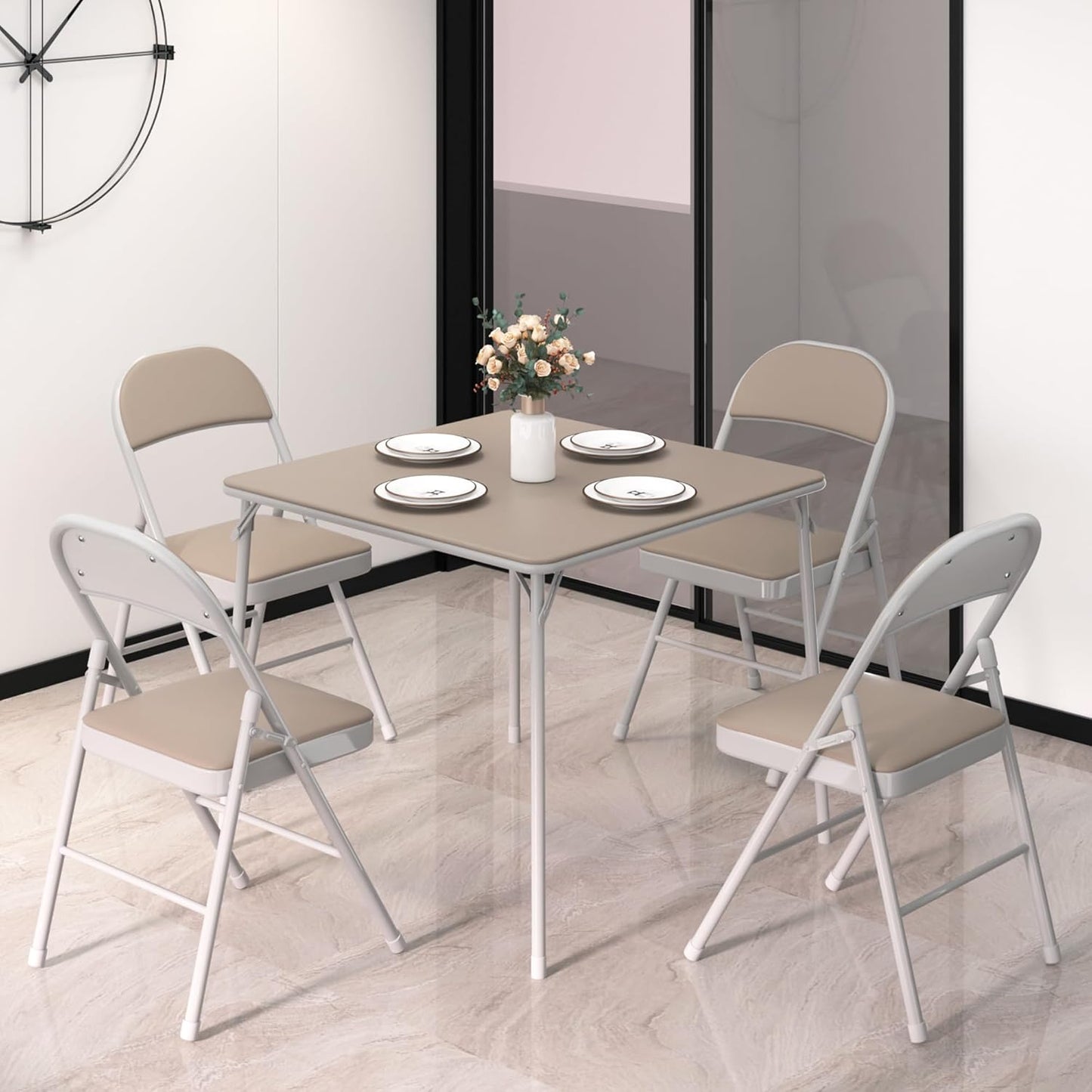 VECELO Portable Folding Card Table Square and Chair Set (5pc) with Collapsible Legs & Vinyl Upholstery, Metal, Beige