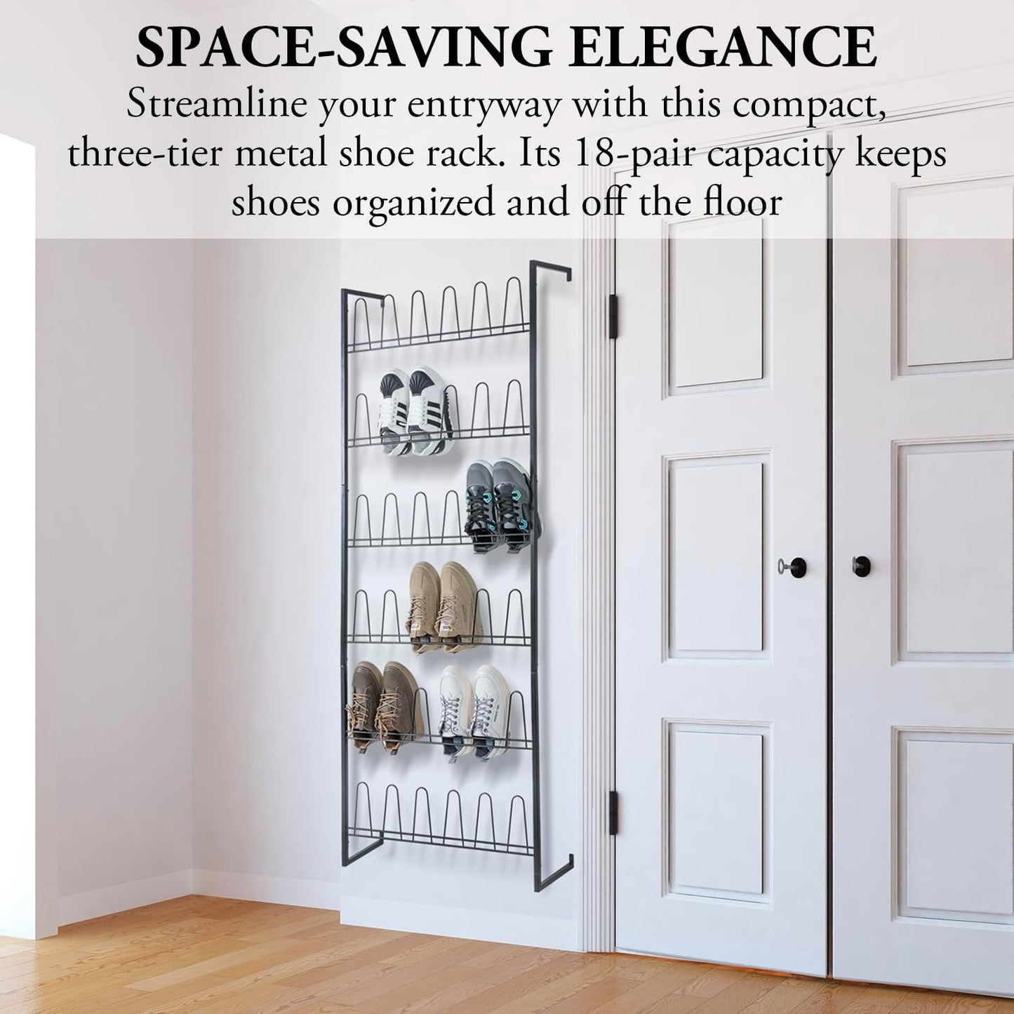 MyGift 70 Inch Black Metal Shoe Organizer for Entryway, Wall Mounted Shoe Rack for Closet with 36 Hooks, Holds up to 18 Pair