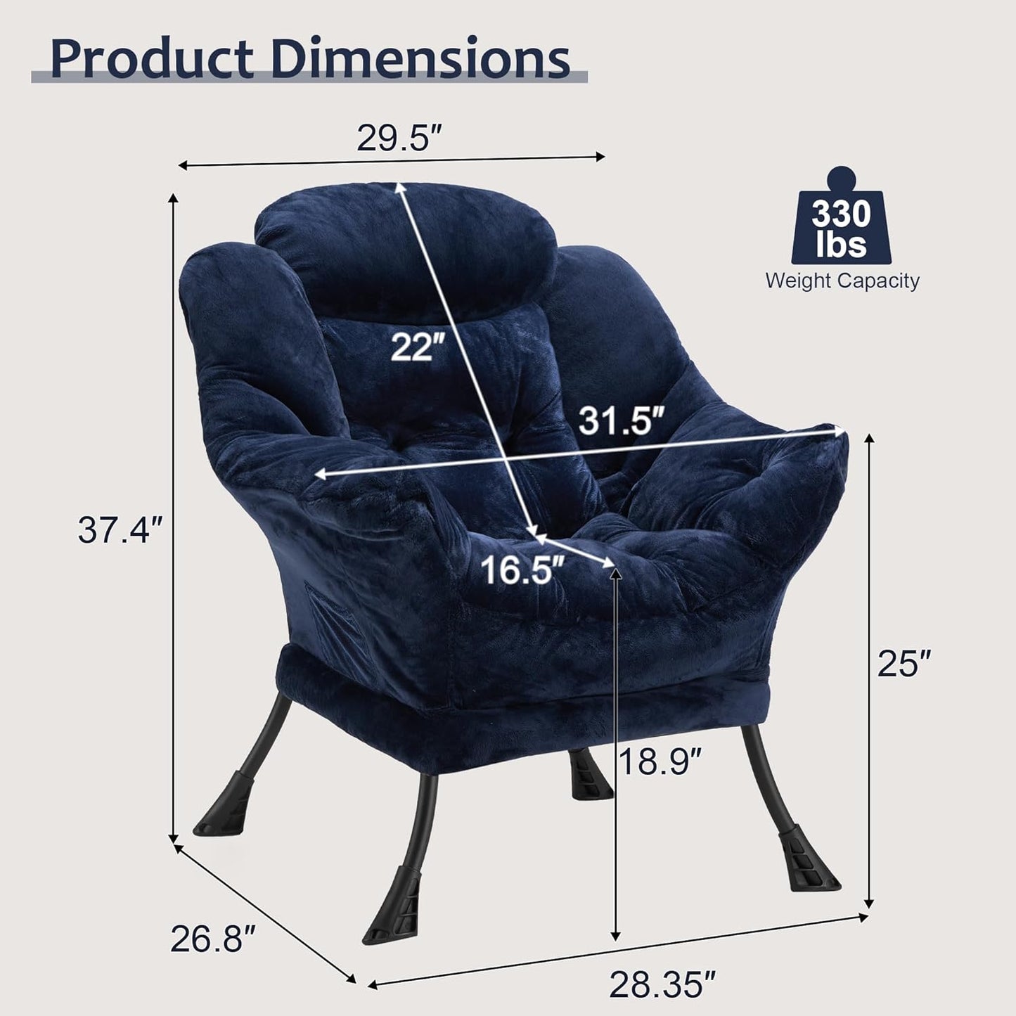 Fabric Lazy Chair for Adults, Oversized Upholstered Sofa Chair, Plush Comfy Lounge Chair with Large Side Storage Pocket, Thick Padded Reading Chair for Living Room, Bedroom, Office, Navy Blue