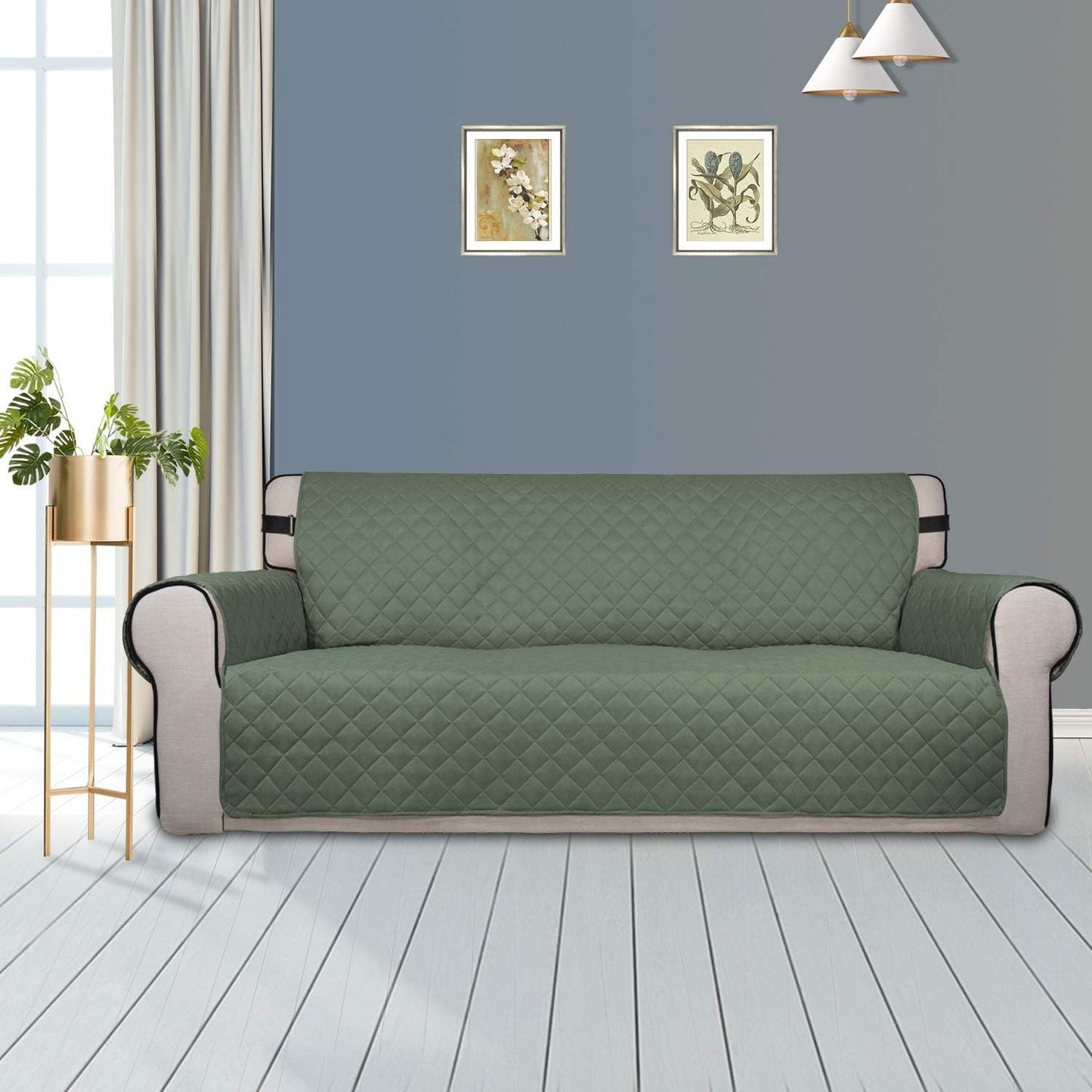 PureFit Reversible Sofa Couch Cover Water Resistant Couch Covers for 3 Cushion, Washable Furniture Cover with Non-Slip Foam and Adjustable Strap for Dogs, Pets (Oversized Sofa, Grayish Green/Ivory)