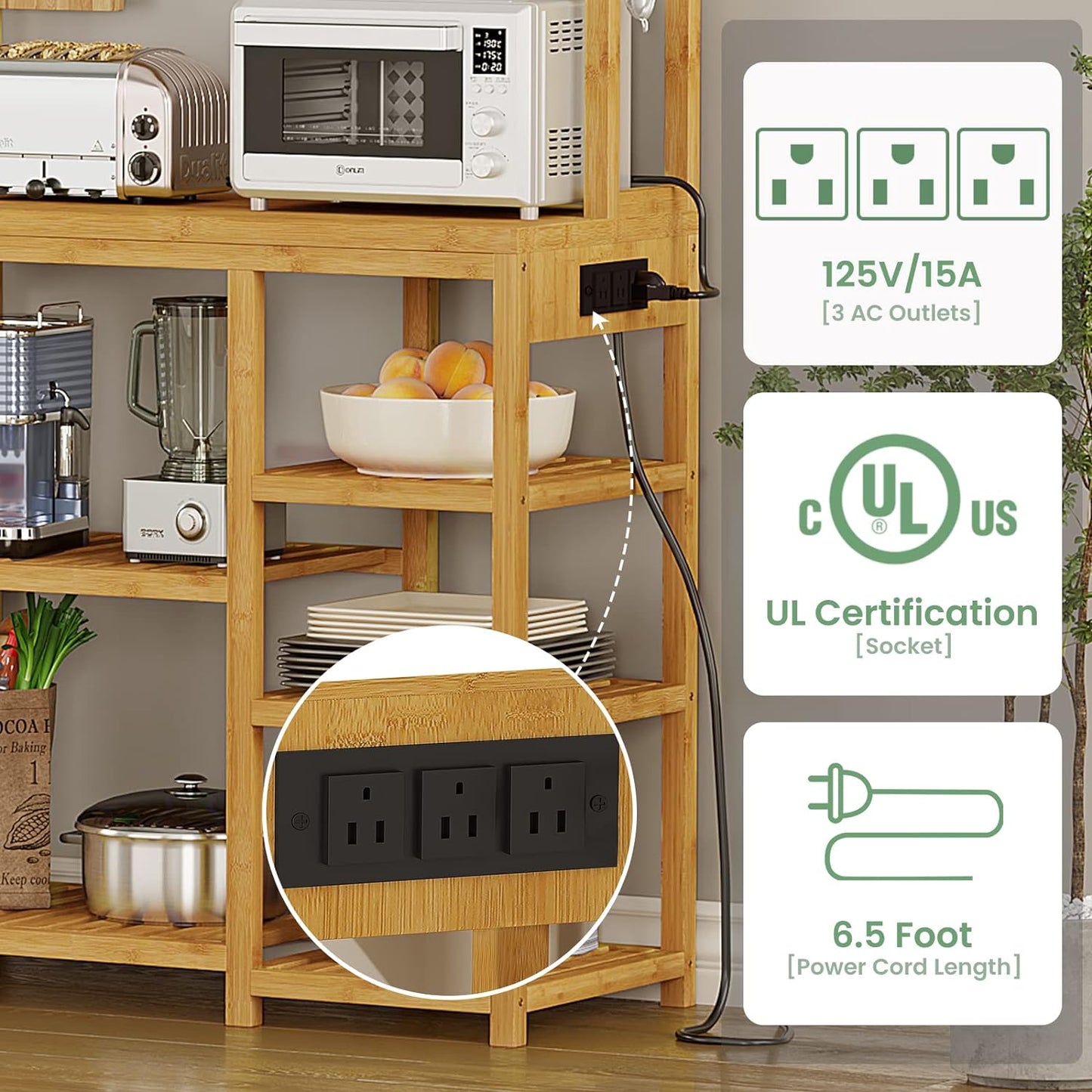 Bakers Rack with Power Outlets, 8-Tier Microwave Stand, Kitchen Utility Storage Shelf 10 S-Shaped Hooks, Coffee Bar Table Station, Standing Rack, 31.5 x 15.7 x 65 Inches, Bamboo