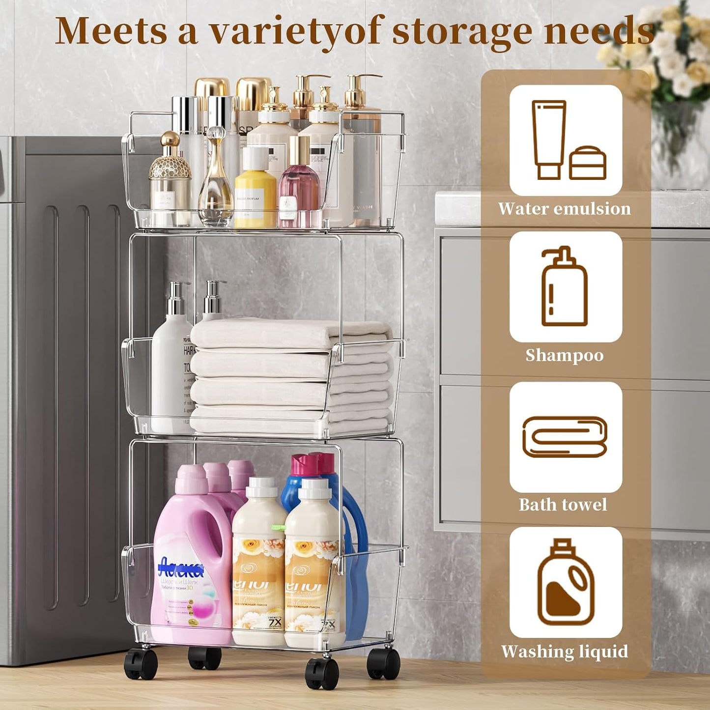 YCIA&DONE 3 Tier Rolling Cart, Storage Shelf Organizer with Lockable Caster Wheels,Transparent Slim Storage Cart for Bathroom, Laundry,Cosmetics