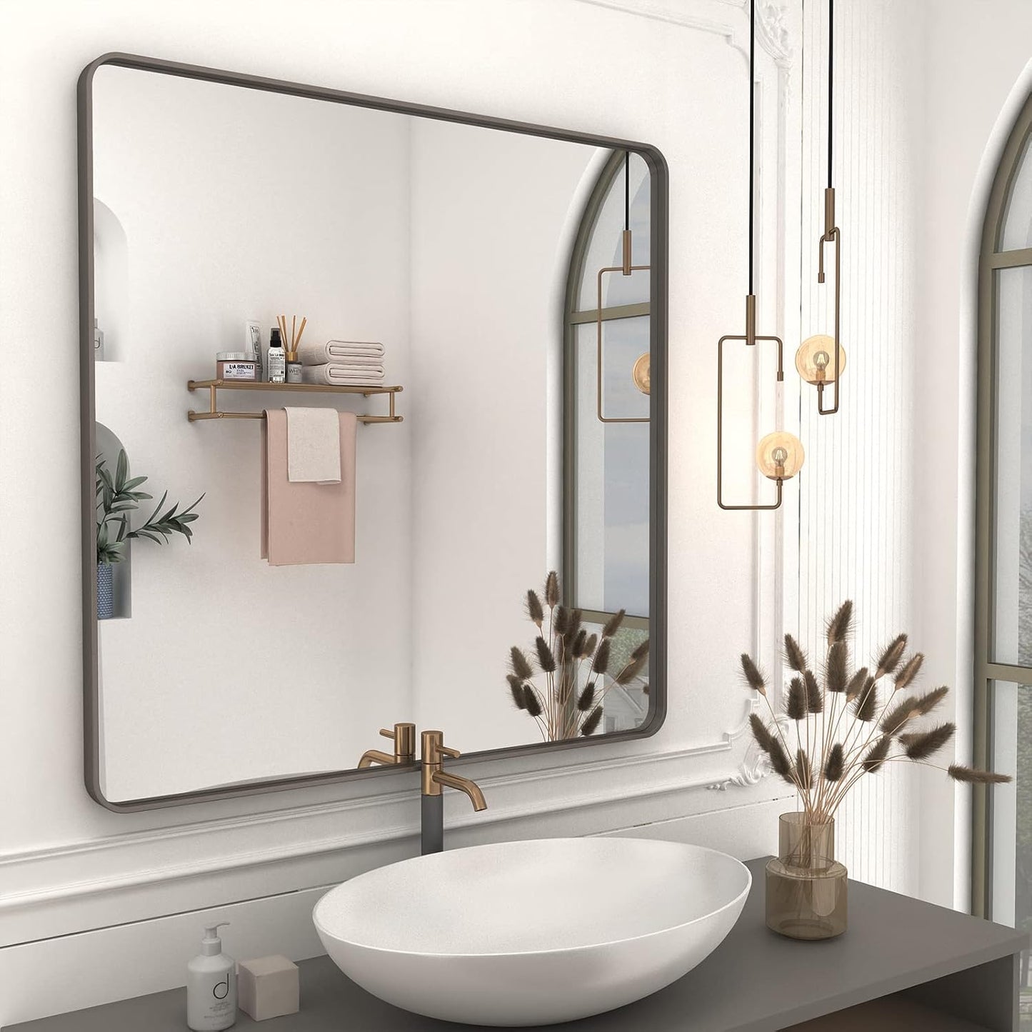 36x36 Square Bathroom Framed Mirror for Wall, Brushed Bronze Metal Bathroom Vanity Mirror, Rounded Rectangle Mirror, Anti-Rust, Tempered Shatterproof (Horizontal/Vertical)