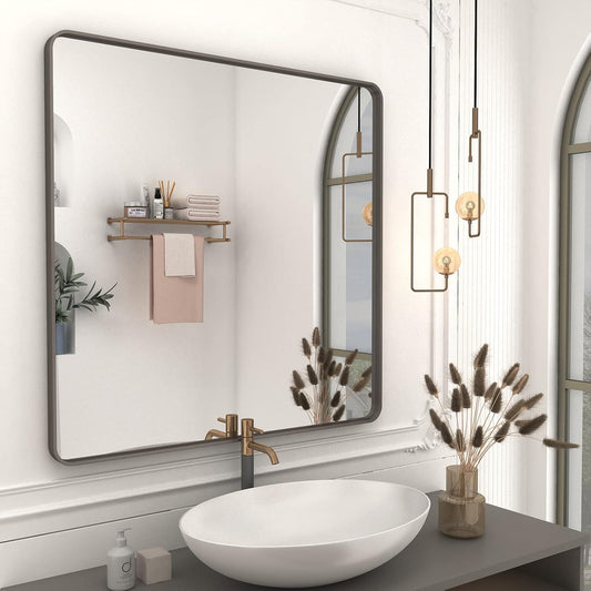 36x36 Square Bathroom Framed Mirror for Wall, Brushed Bronze Metal Bathroom Vanity Mirror, Rounded Rectangle Mirror, Anti-Rust, Tempered Shatterproof (Horizontal/Vertical)