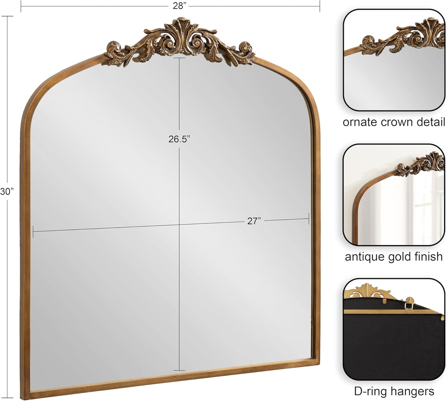 Kate and Laurel Arendahl Ornate Traditional Square Arched Mirror; 28 x 30; Antique Gold; Decorative Baroque Style Arch Vintage Mirror with Wide Frame and Ornamental Crown
