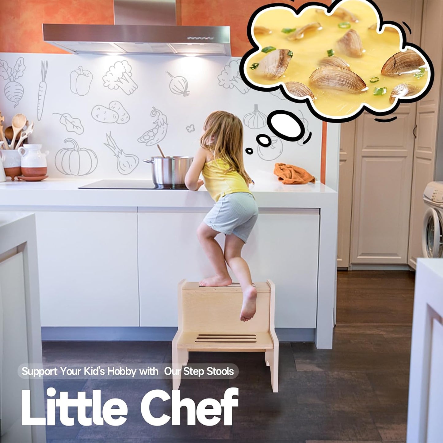 WOOD CITY Kids Step Stool for Toddler, Wooden White-Natural Patchwork Two Step Children's Stool with Handles, Bonus Non-Slip Pads for Safety, Bathroom Potty Stool & Kitchen Step Stools Dual Height